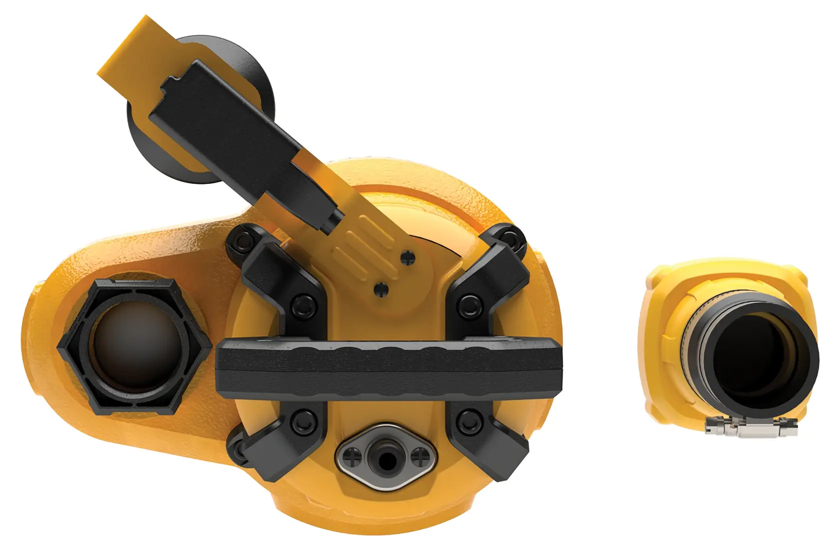 Top view of a DEWALT photography accessory, featuring a yellow and black device with various mechanical components and a detachable cylindrical part.