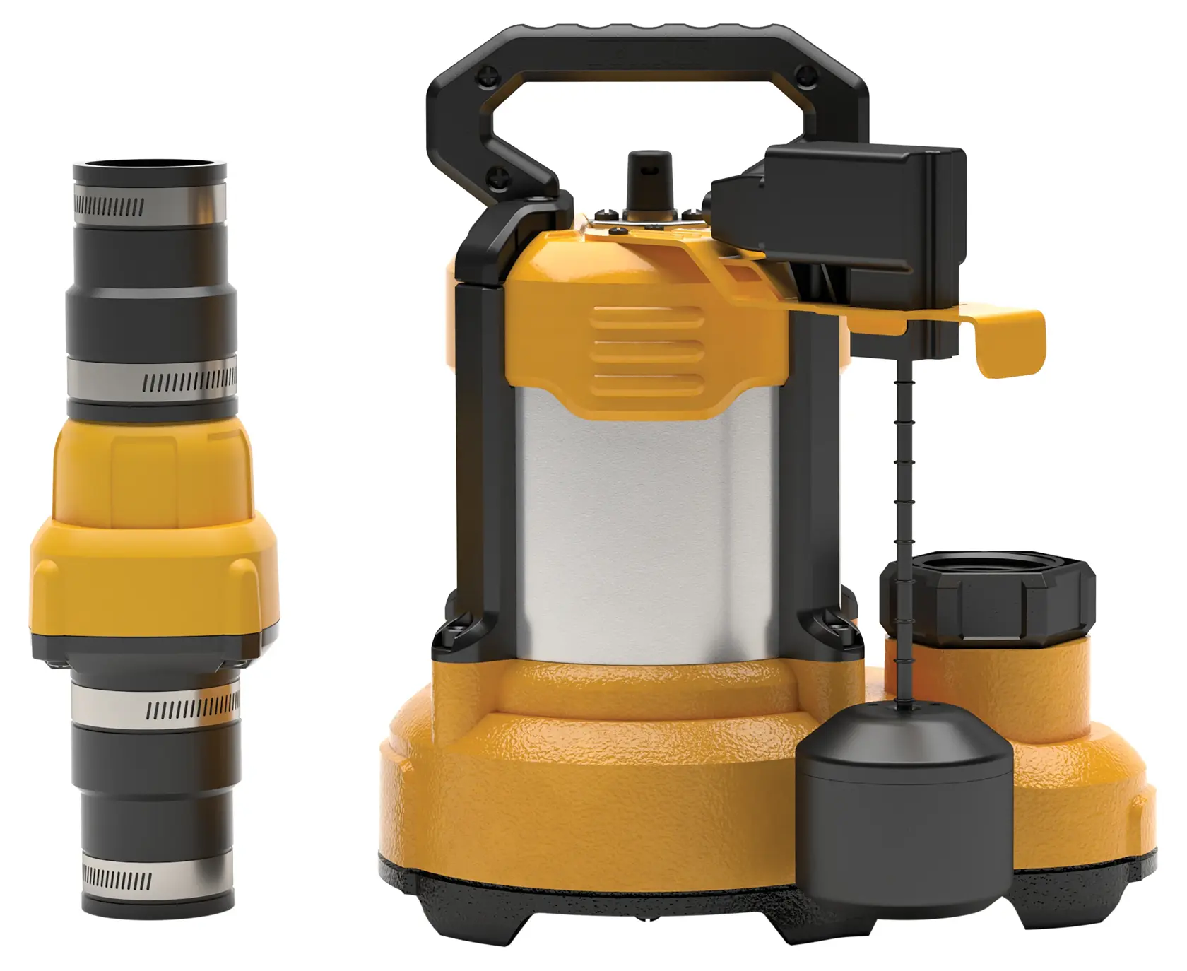 A DEWALT submersible utility pump with a yellow and black body, a handle on top, and a float attached to the side. An accessory connector is shown next to the pump, both placed against a white background.