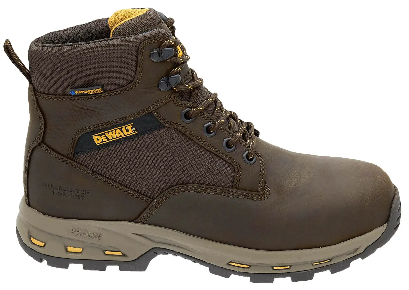 Side view facing right of the DEWALT Halogen Lite men’s safety boot in brown