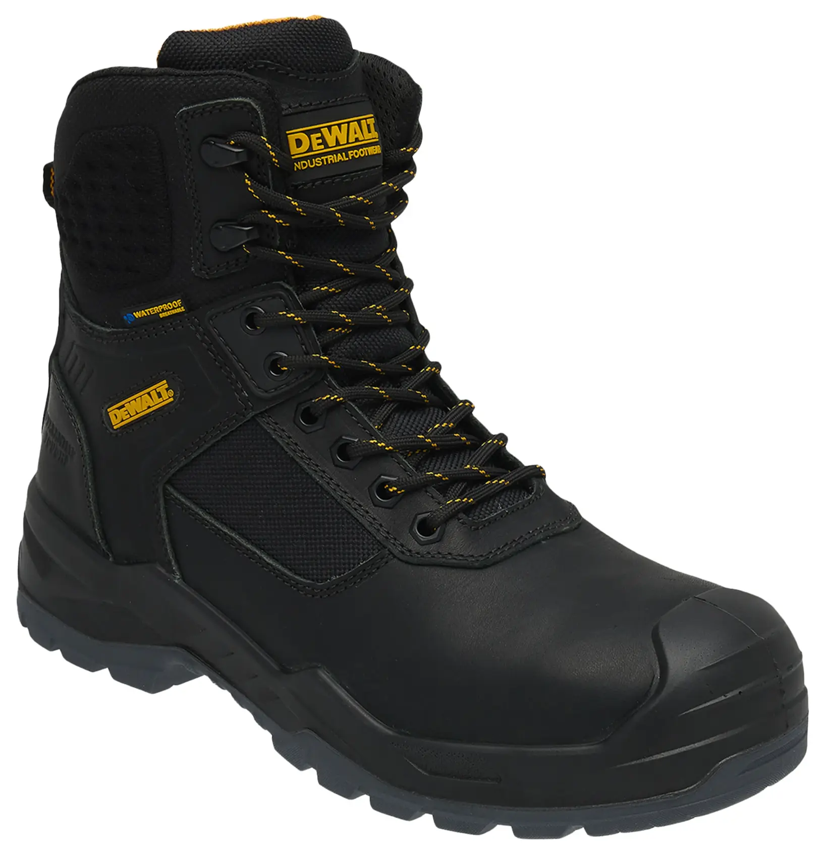 ¾ view facing right of the DEWALT Bryant men’s side zip safety boot in black