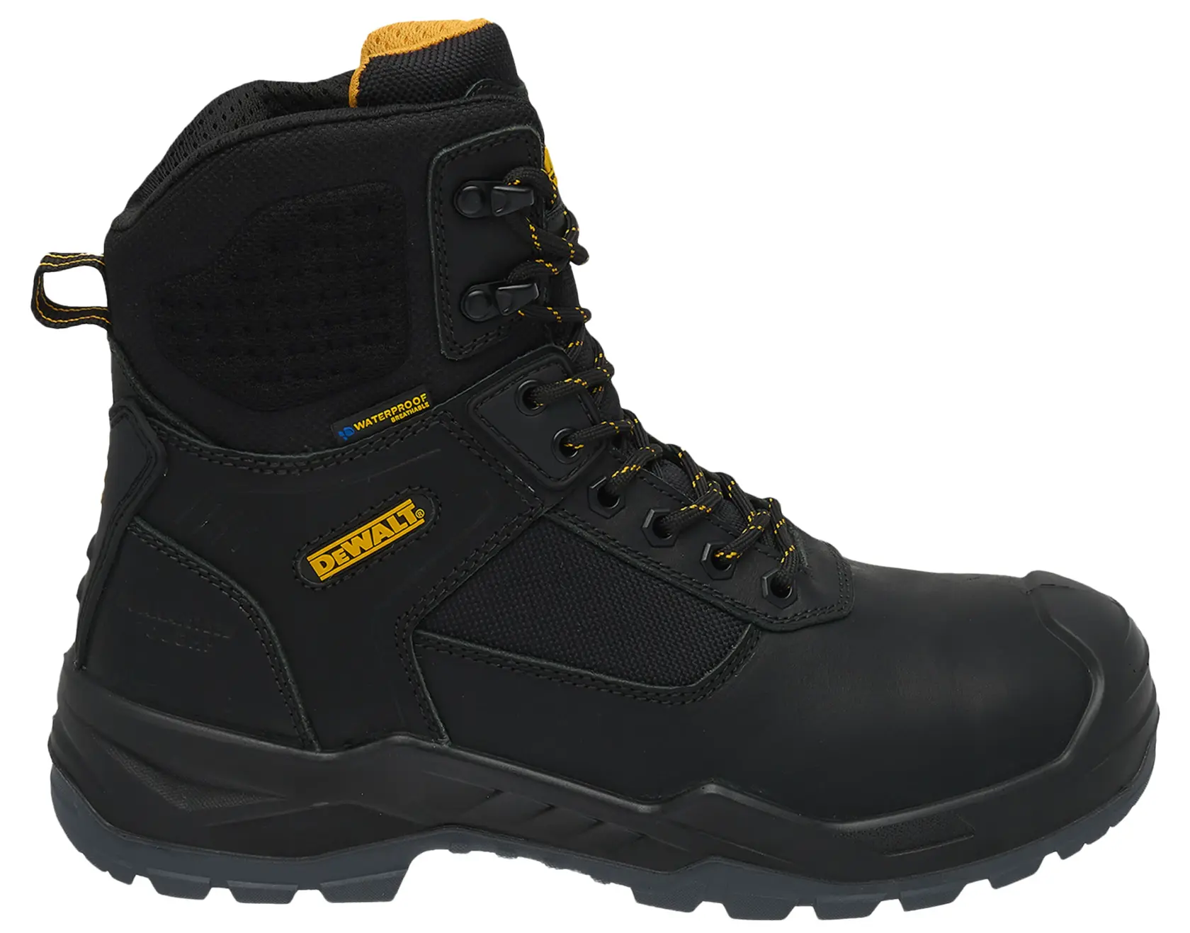 Side view facing right of the DEWALT Bryant men’s side zip safety boot in black