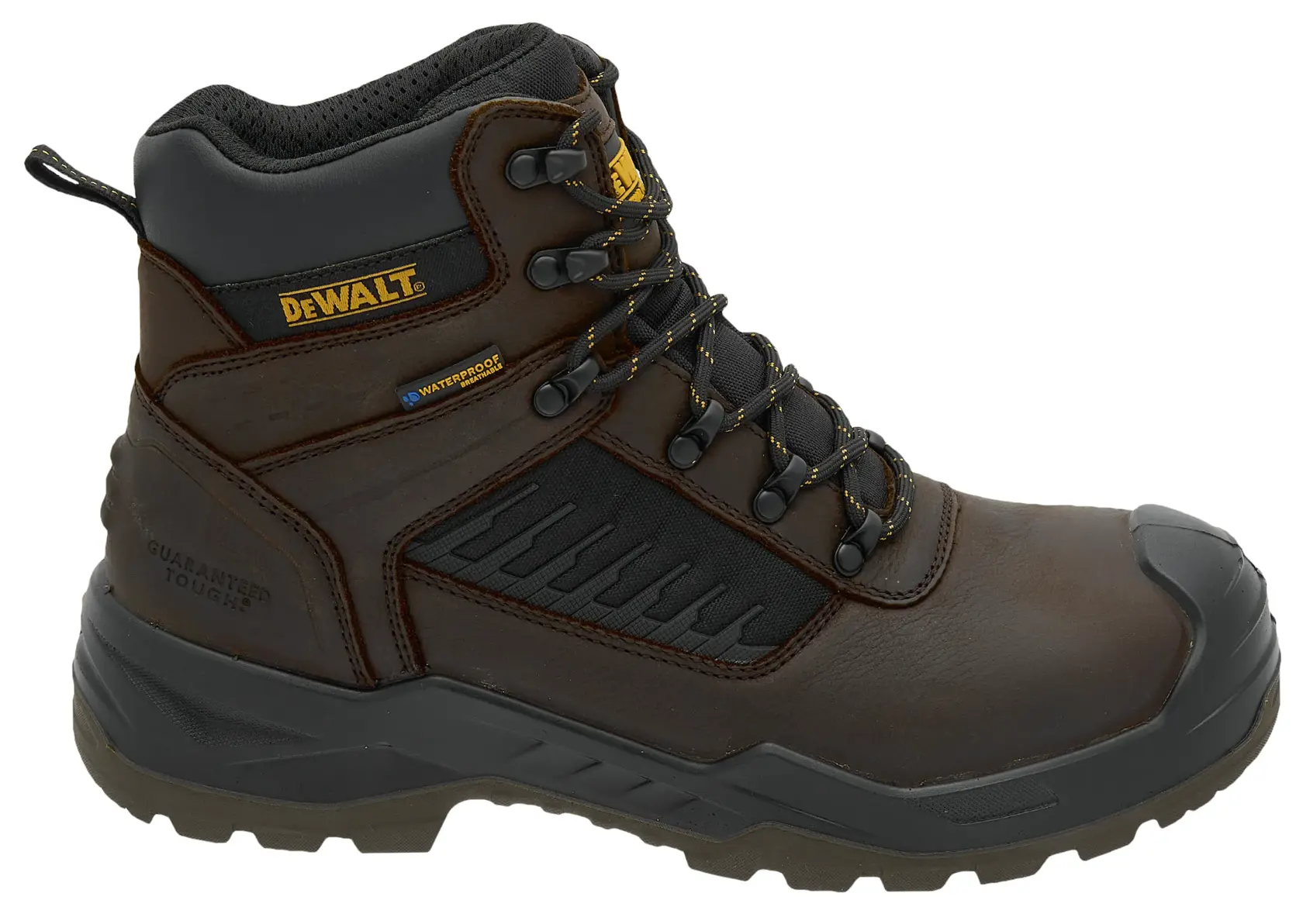 Side view facing right of the DEWALT Reynolds men’s safety boot in brown