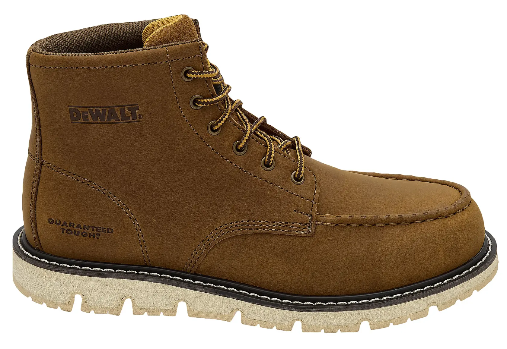 A tan DEWALT work boot with brown laces and a light-colored sole. The boot features visible stitching and branding on the side.
