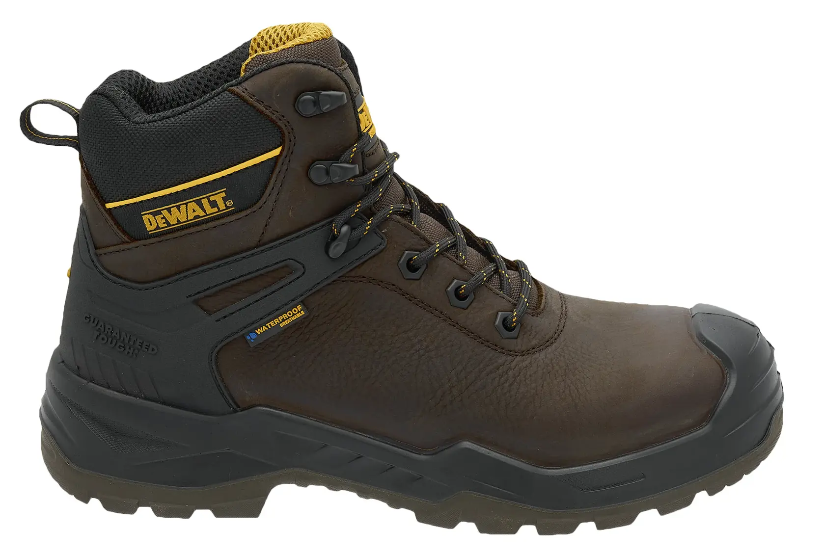 Side view facing right of the DEWALT Hayes men’s safety boot in brown