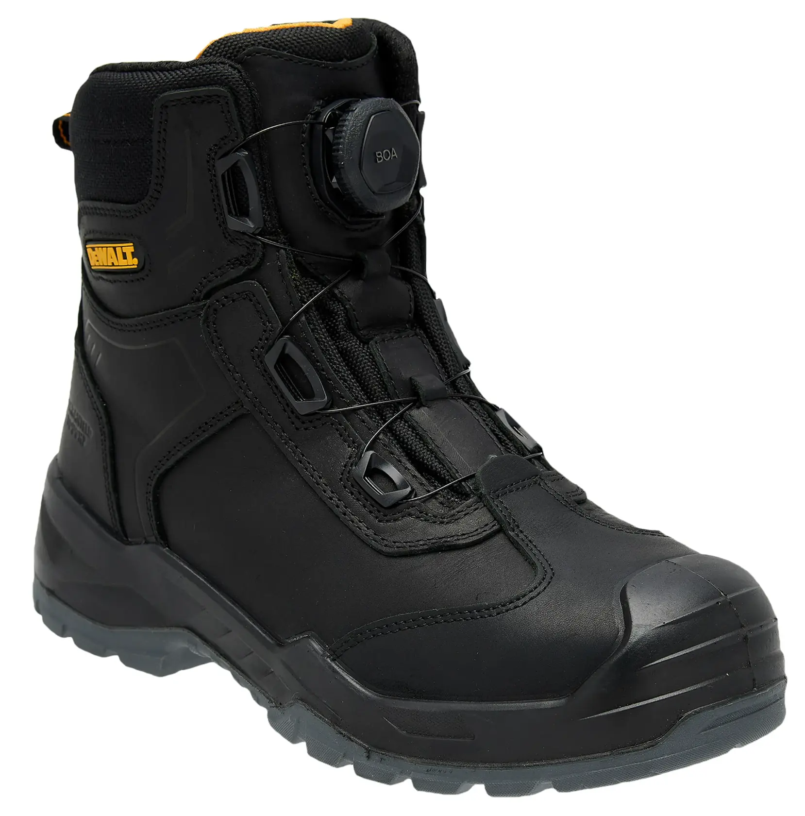 A black DEWALT work boot with a BOA lacing system, rugged sole, and reinforced toe, designed for durability and safety on job sites.