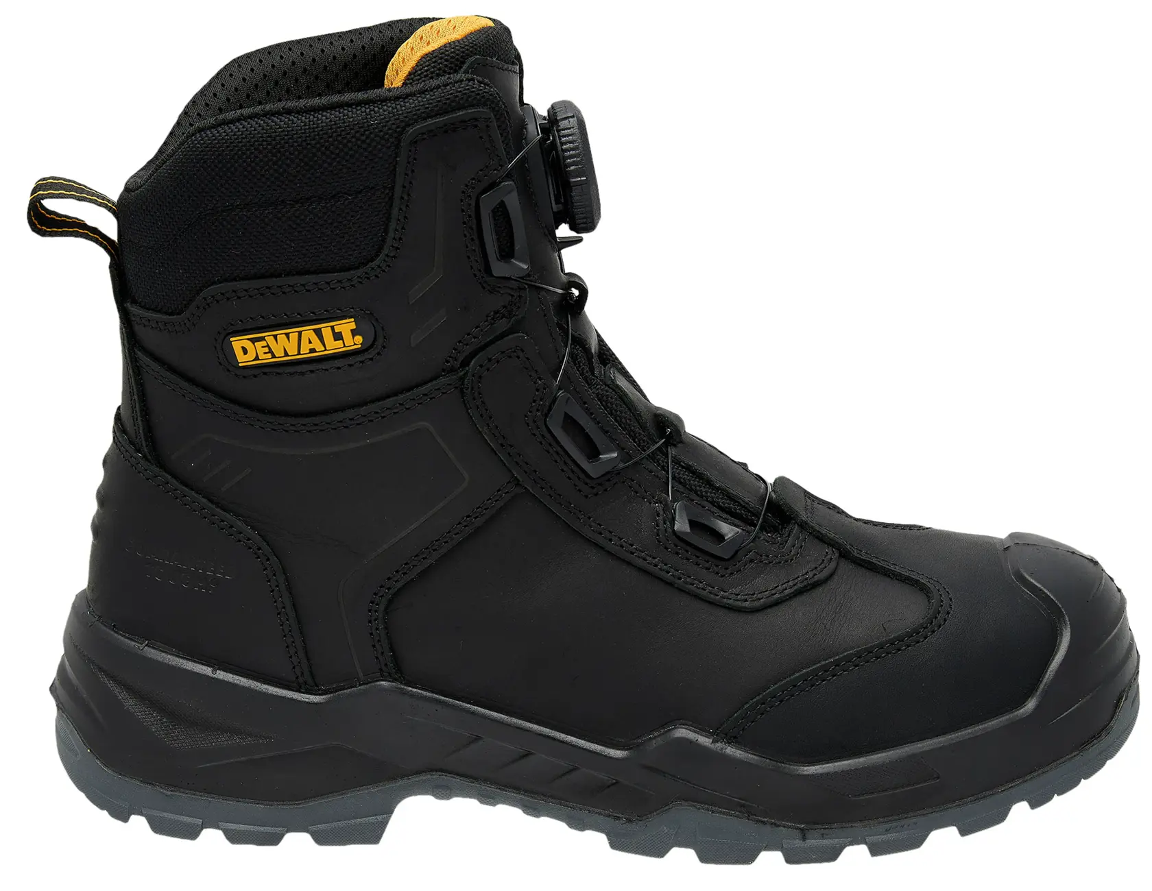 A single black DEWALT work boot with a rugged sole, BOA closure system, and reinforced toe, designed for durability and protection.