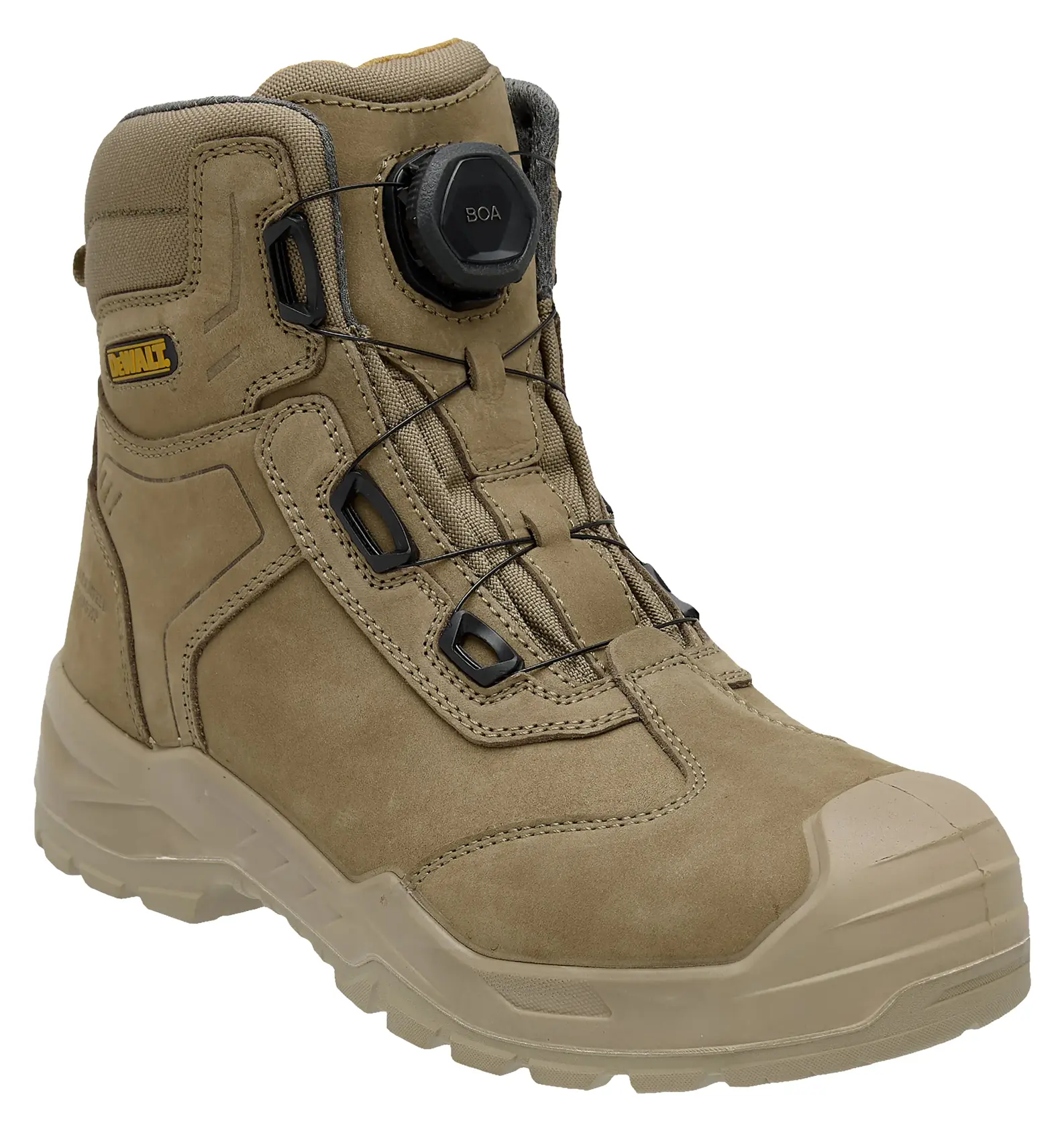 Tan work boot with rugged sole and protective toe cap, featuring a BOA dial lacing system. The boot displays the DEWALT logo on the side and is designed for durability and support.