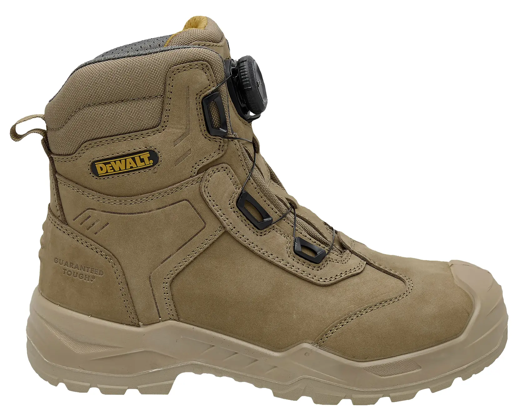 A tan DEWALT work boot with a rugged sole, reinforced toe, high-top design, and a dial lace system.