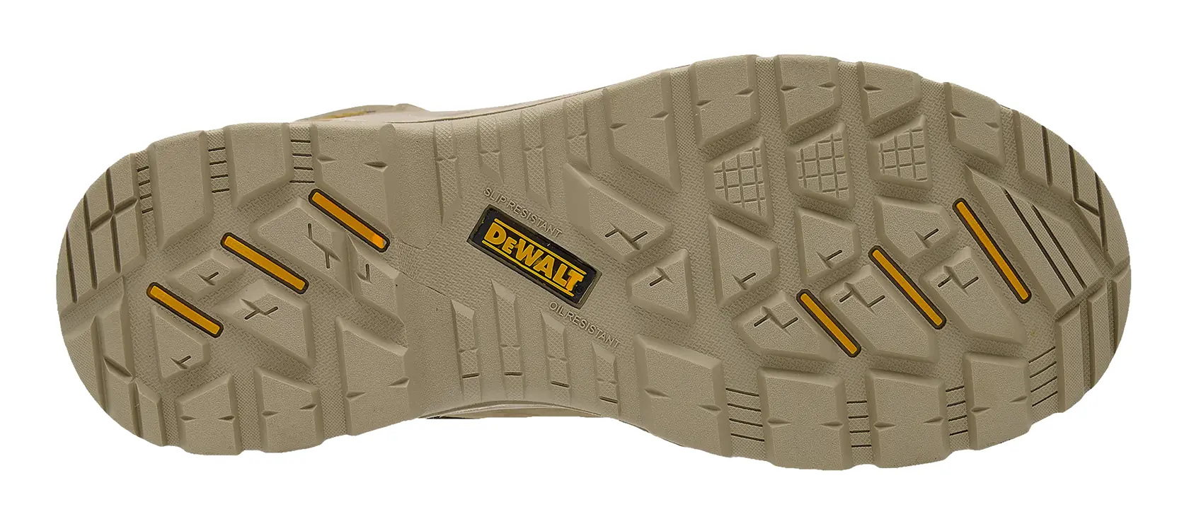 Close-up image of the sole of a DEWALT work boot, showing the tan rubber tread pattern with yellow accents and the DEWALT logo in the center.