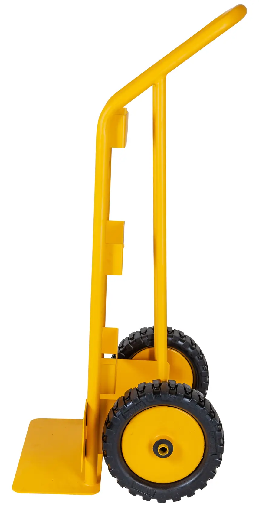 A yellow DEWALT hand truck with two black wheels, shown from the side against a white background.