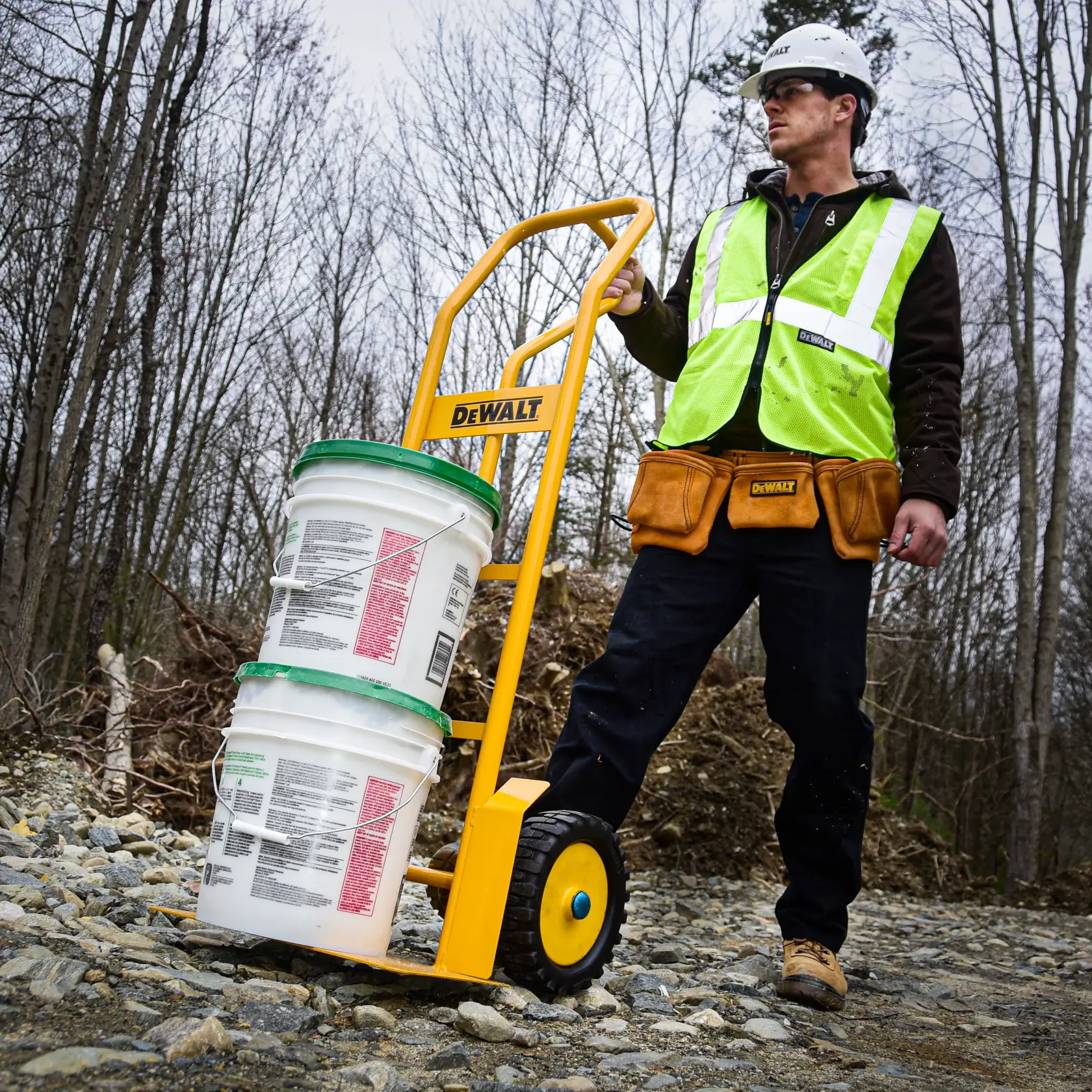 DeWalt DXWT-HT501 P-Handle Hand Truck application shot - man holding loaded truck