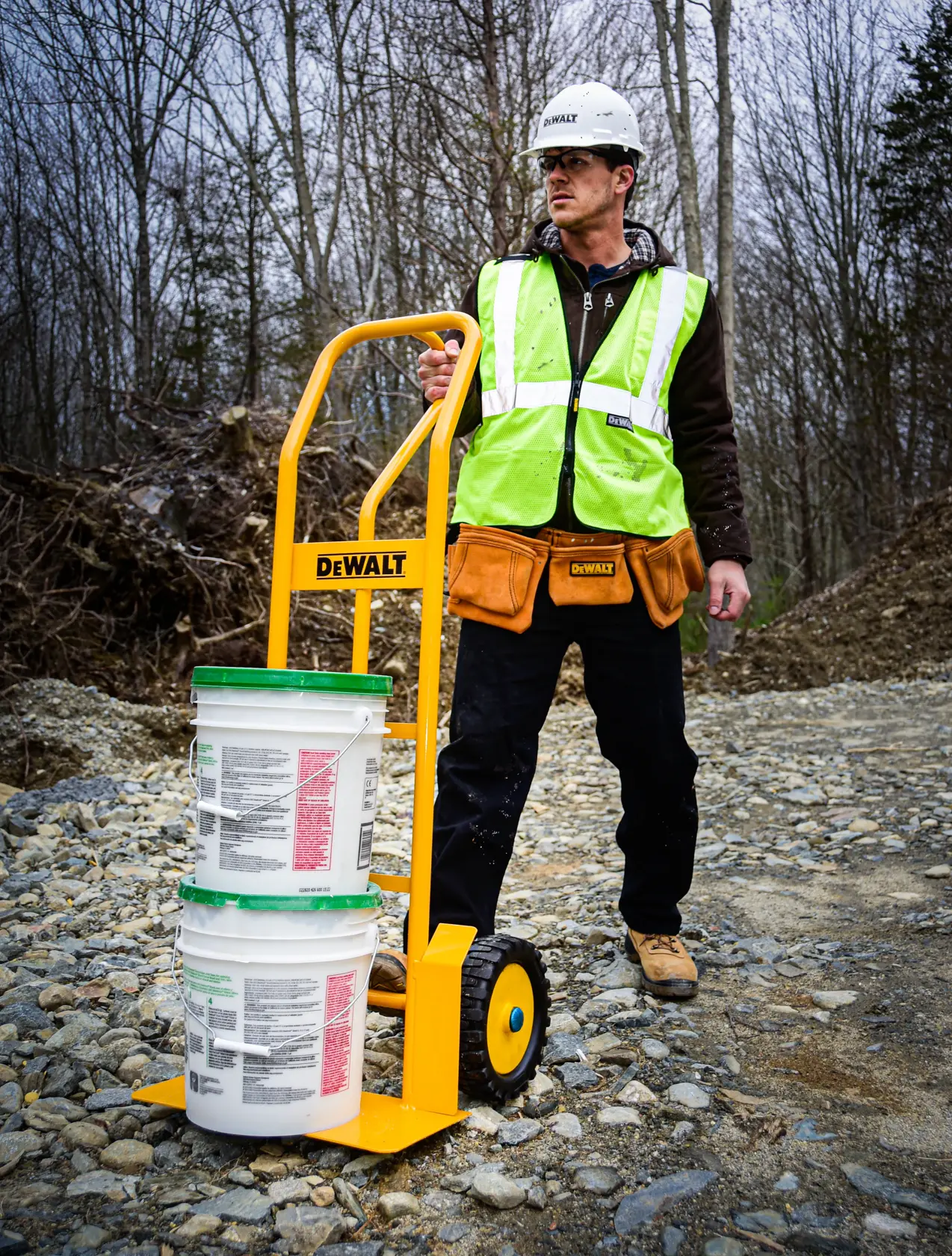 DeWalt DXWT-HT501 P-Handle Hand Truck application shot - man holding loaded truck