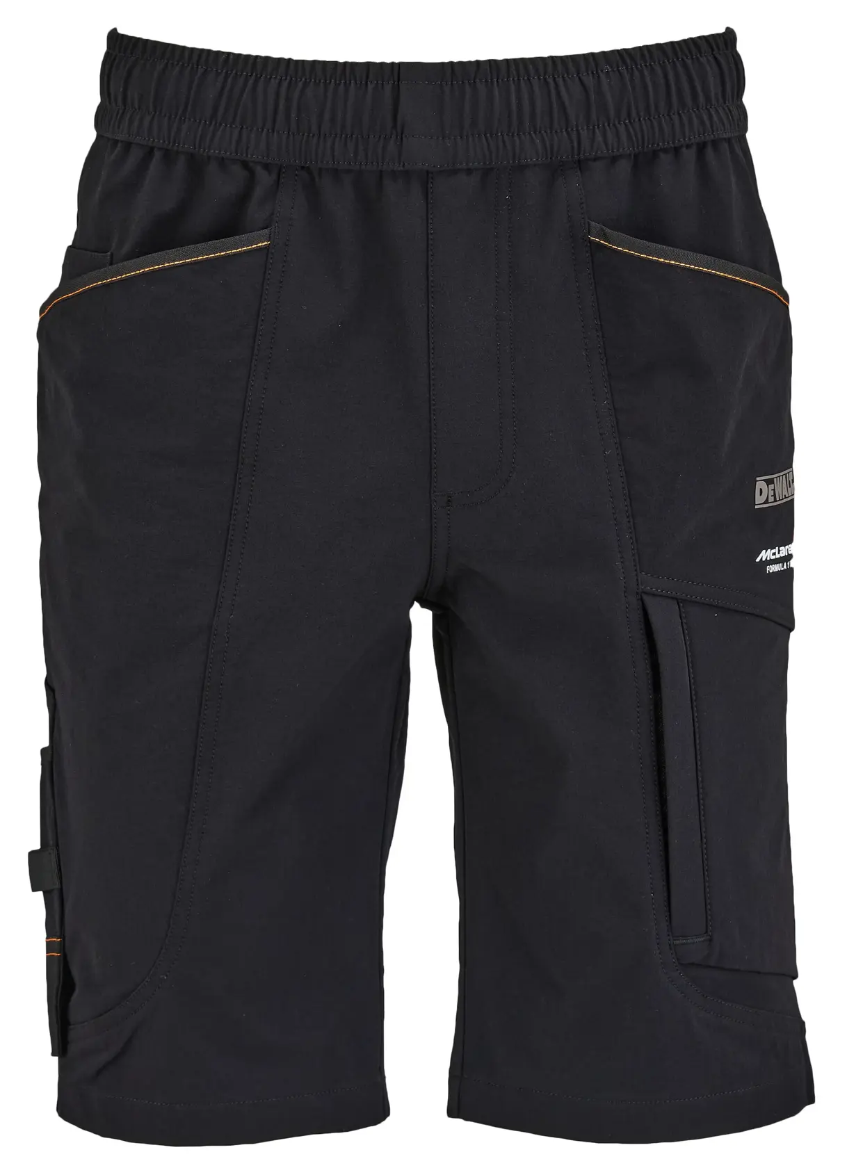 Black utility work shorts with multiple pockets and an elastic waistband, featuring DEWALT branding on the right leg.
