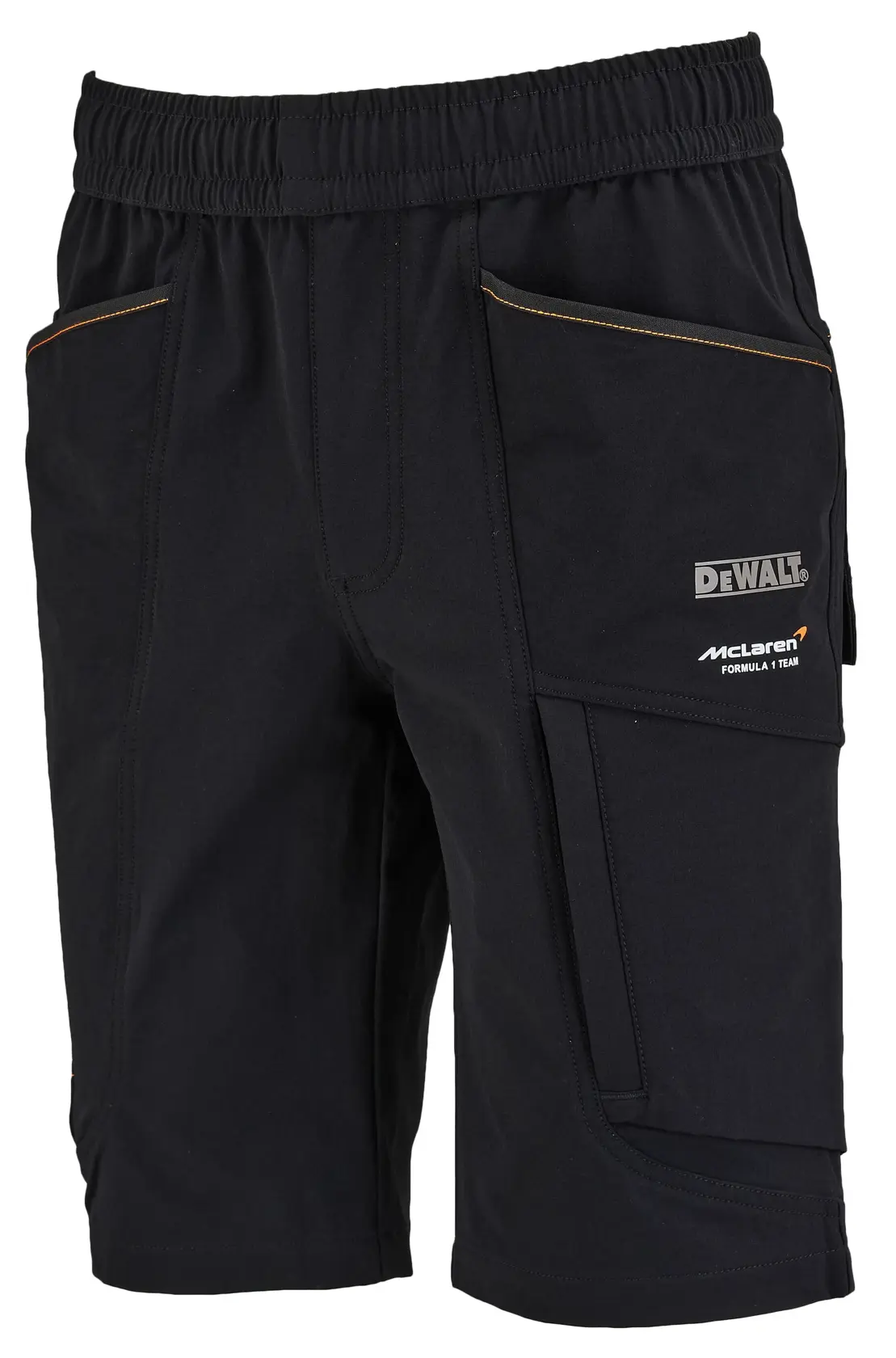 Black work shorts with an elastic waistband featuring multiple pockets. The shorts have DEWALT and McLaren Formula 1 Team logos on one of the front pockets.
