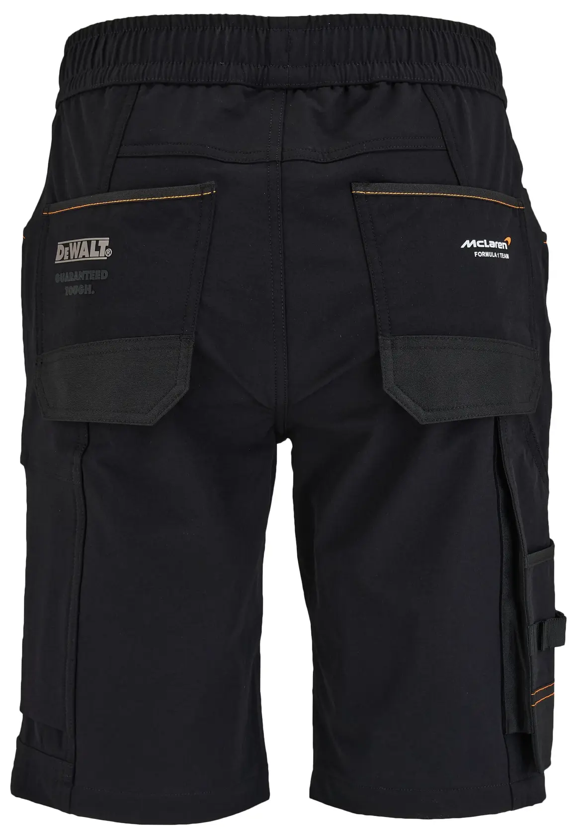 Back view of black work shorts with multiple pockets, elastic waistband, and logos from DEWALT and McLaren. The shorts feature reinforced stitching and pocket flaps for durability.