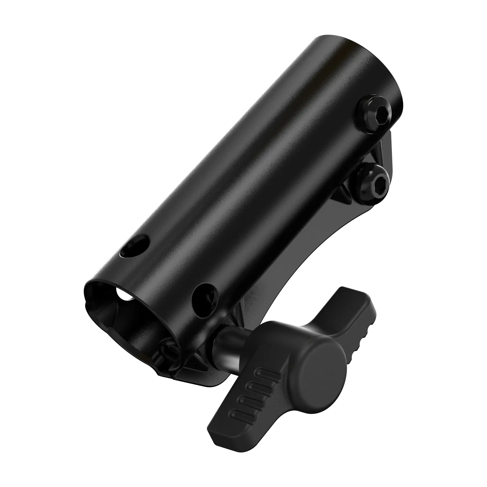 Black cylindrical camera mount clamp with adjustment knob, designed for photography equipment.