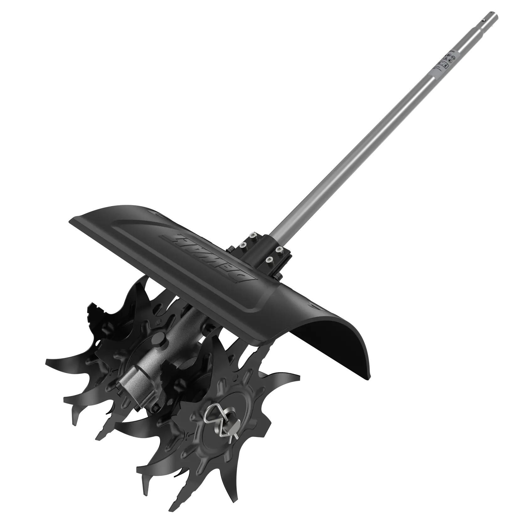 DEWALT garden cultivator attachment with metal tines and protective cover for soil preparation.