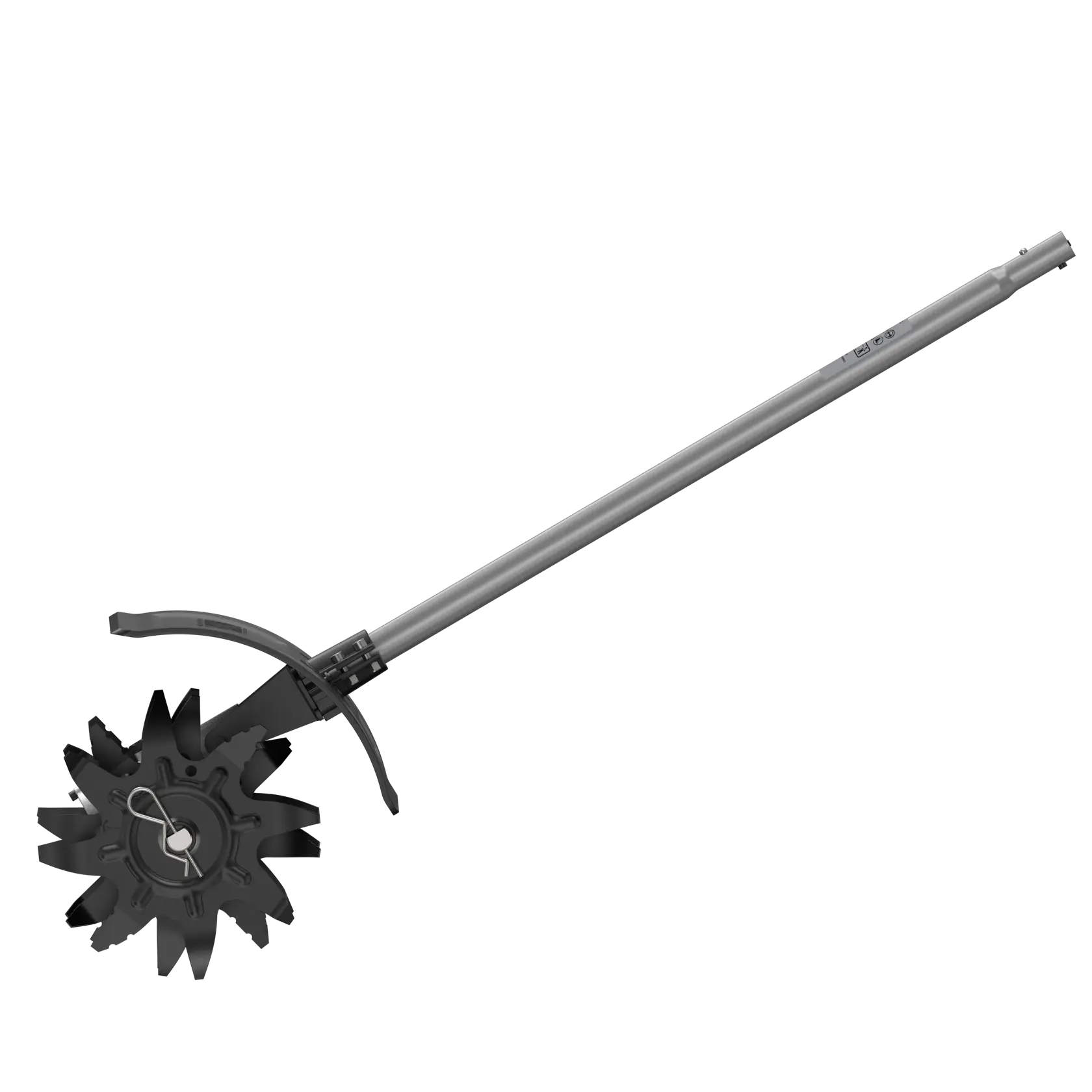 Attachment tool with long handle and spiked rotating wheel for gardening or soil cultivation.