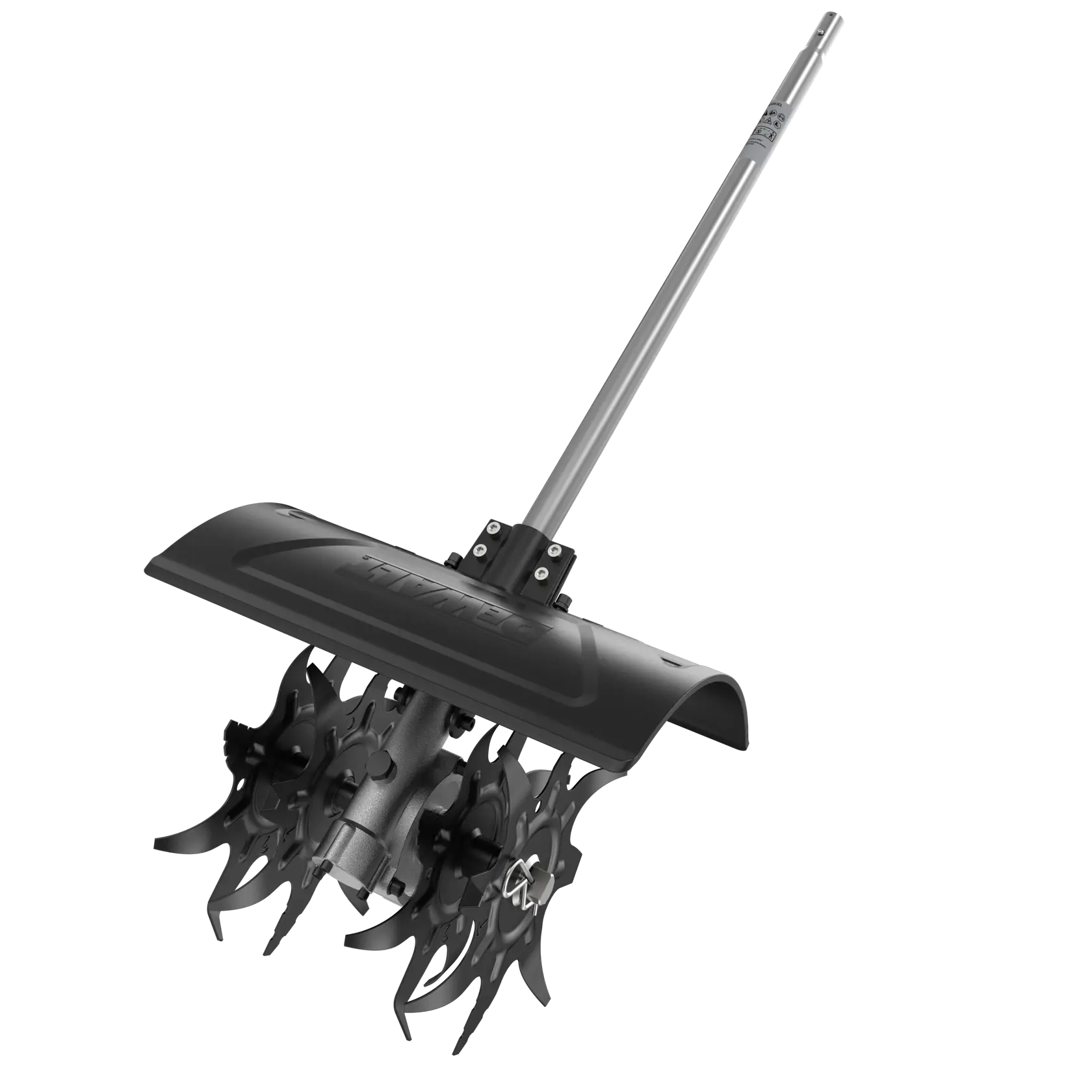 Attachment with rotating metal blades for soil cultivation, designed for use with DEWALT outdoor power tools.