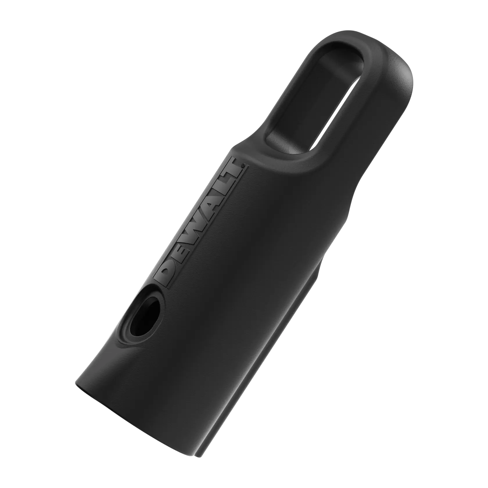 DEWALT black plastic accessory attachment part with an oval opening, photographed on a white background.