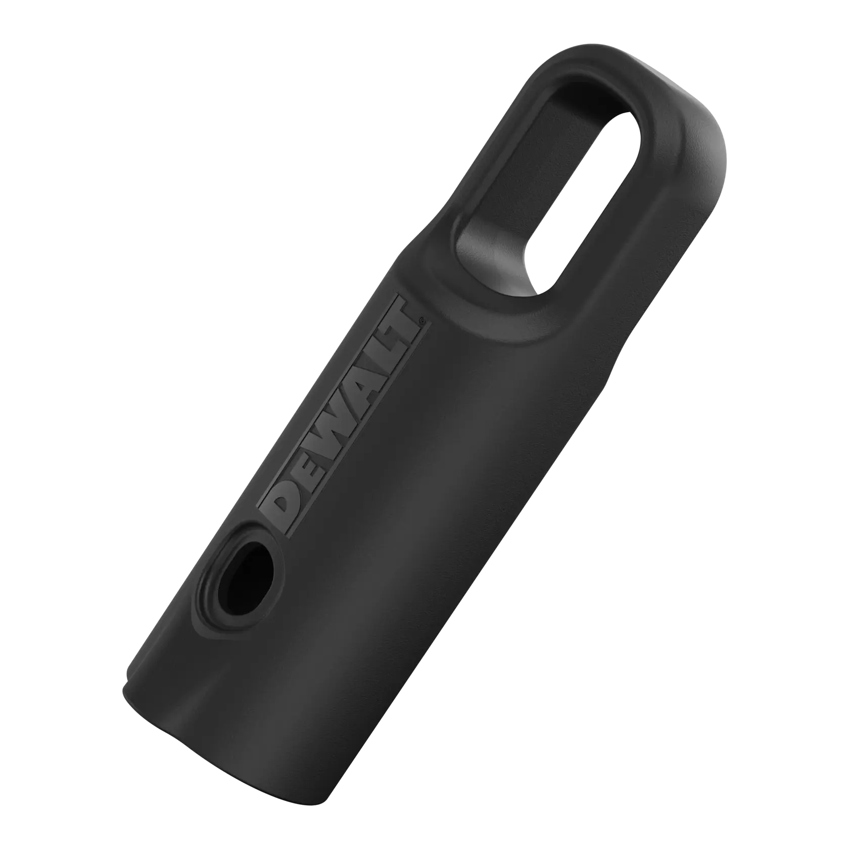 Black DEWALT camera accessory with a hole and grip for photography equipment, shown on a white background.