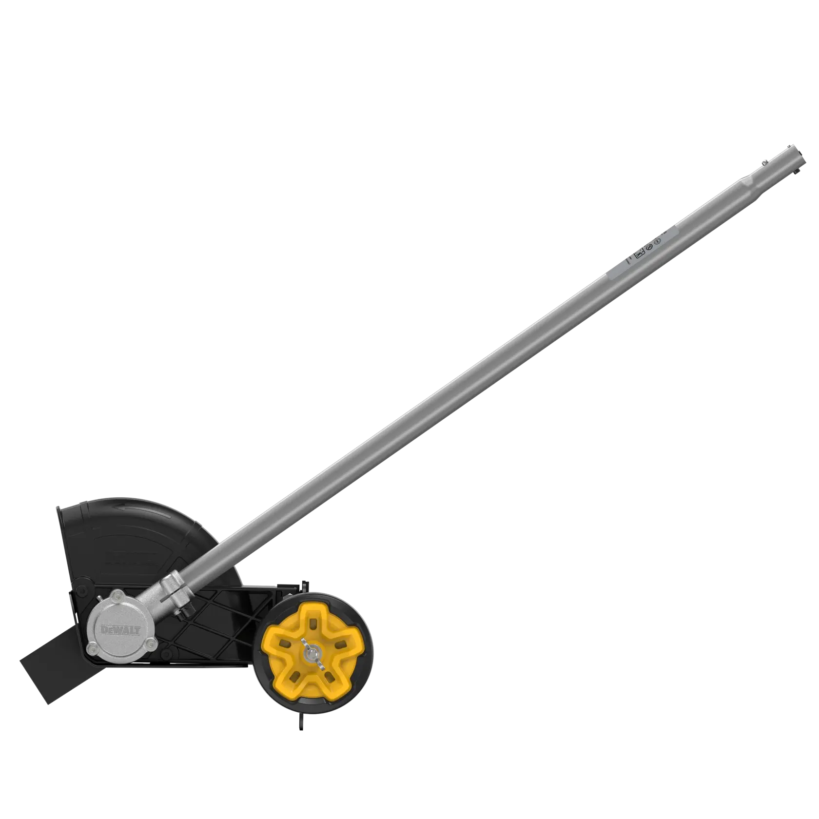 DEWALT lawn edger attachment with long metal shaft, black guard, and yellow wheel on white background.