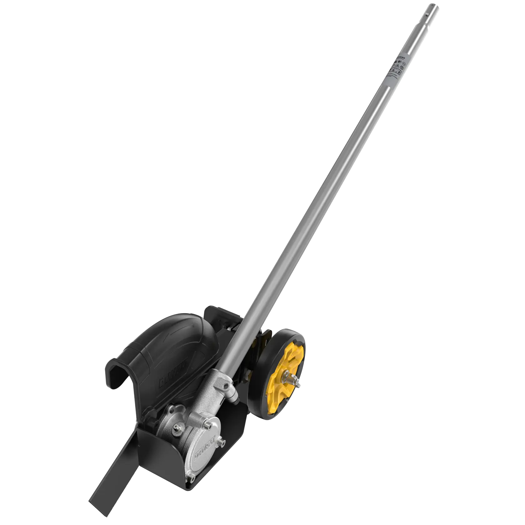 DEWALT lawn edger attachment with a metal shaft, black guard, and yellow wheel on a white background.