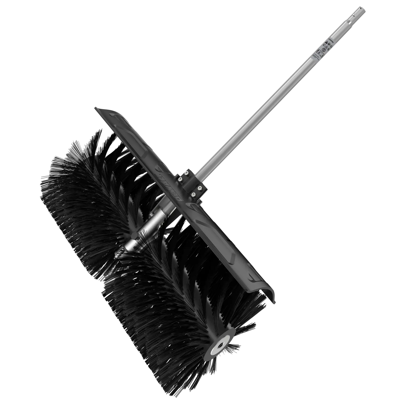 Heavy-duty DEWALT attachment with dual rotating brush heads and metal handle for outdoor cleaning tasks.