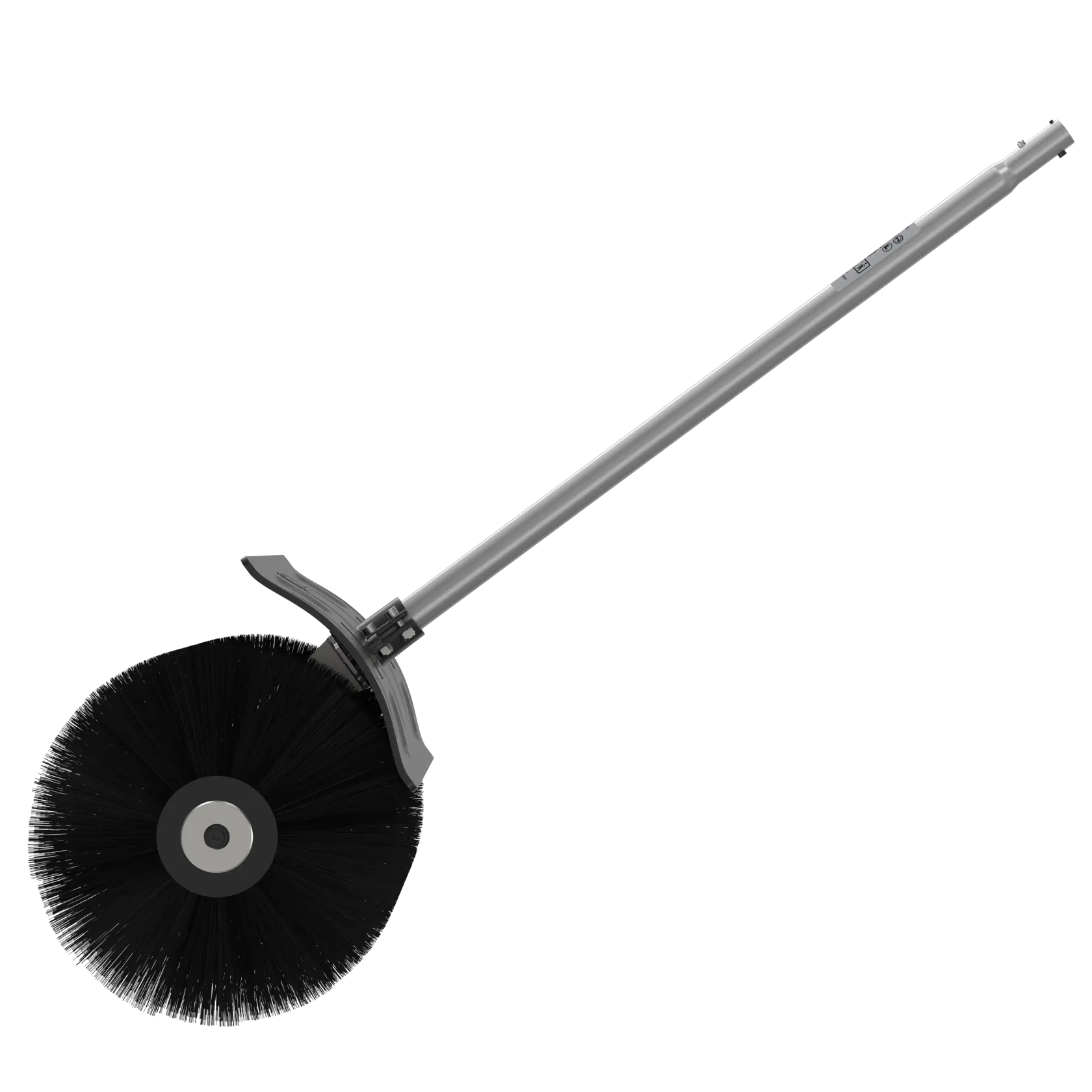 Dewalt pole attachment with large circular black brush head, designed for sweeping or cleaning surfaces.