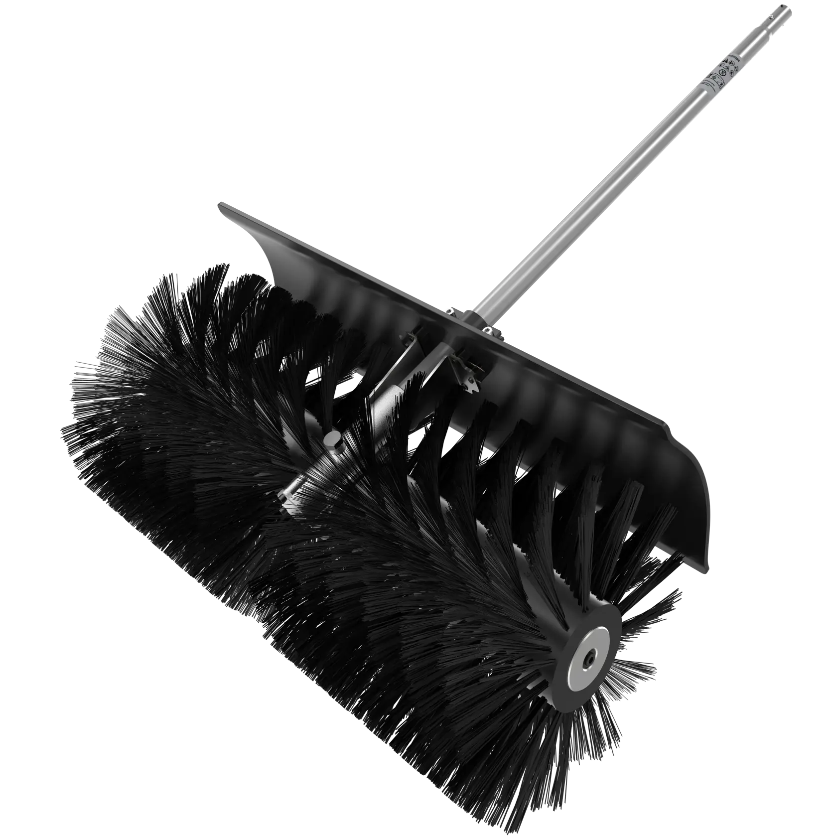 Large cylindrical brush attachment with stiff bristles and metal shaft, designed for outdoor cleaning equipment.