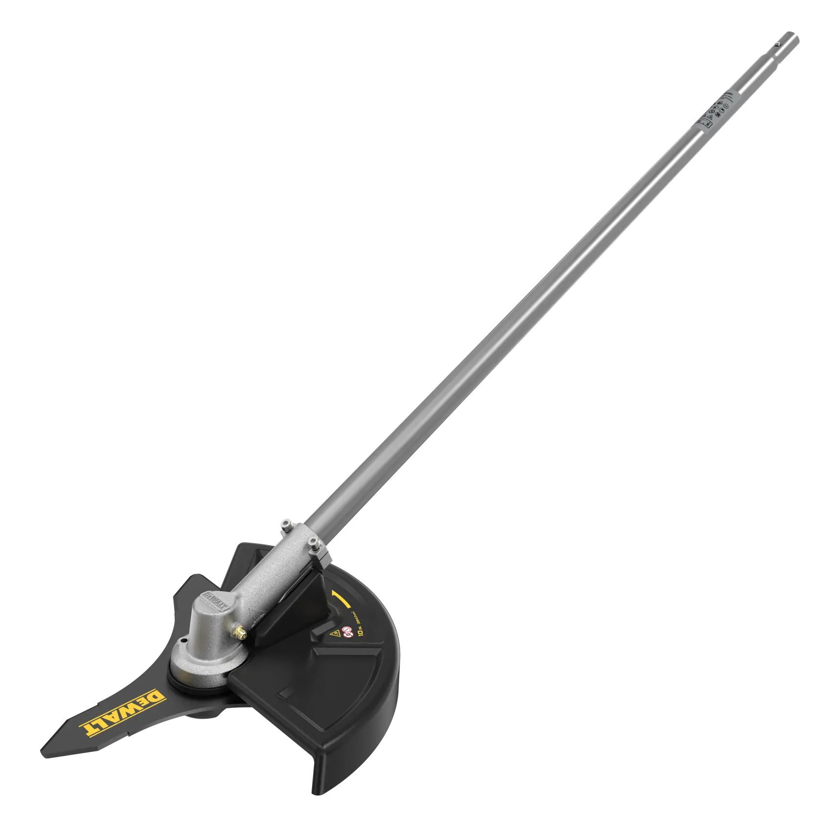 DEWALT brush cutter attachment with a metal blade and protective shield, designed for outdoor power equipment.