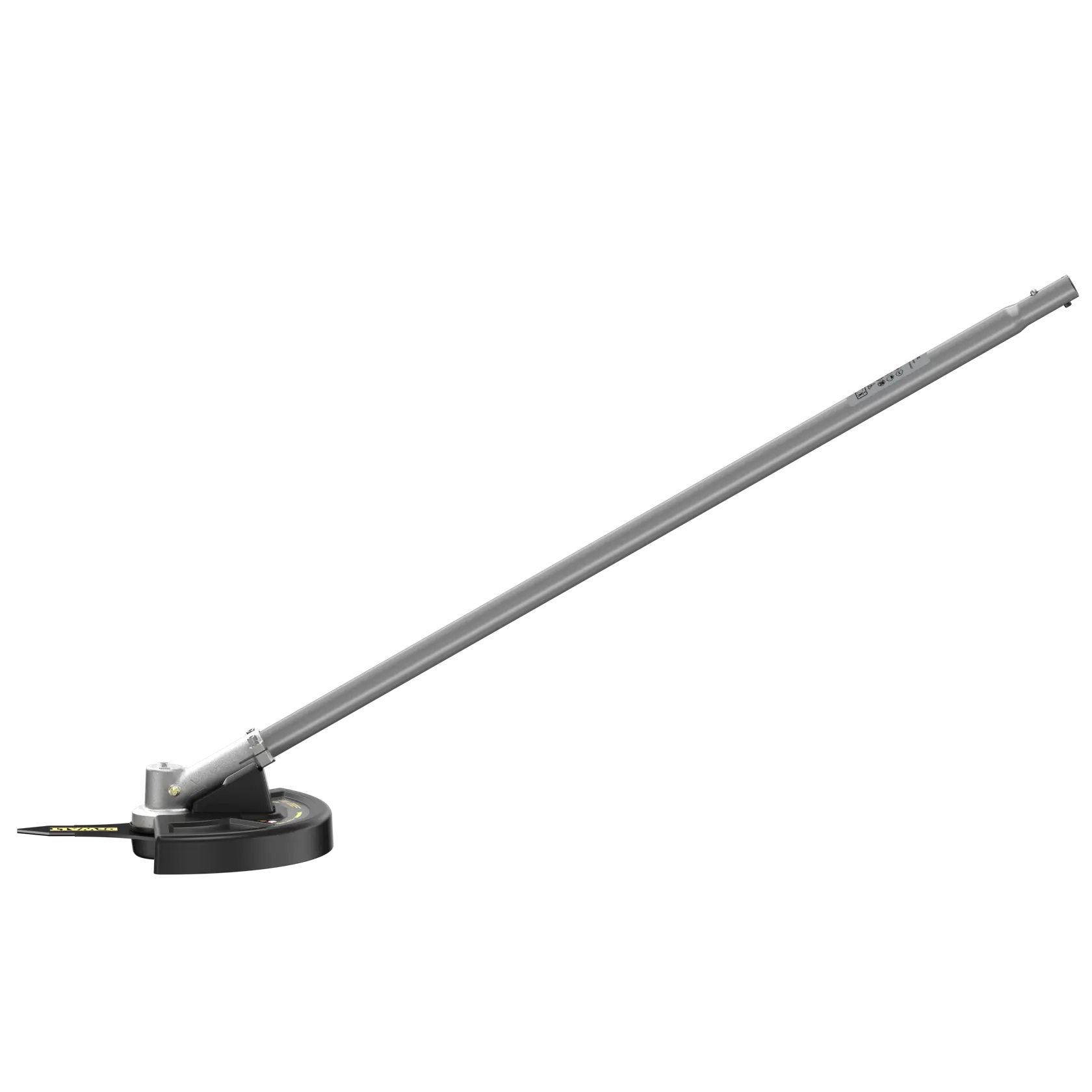 DEWALT pole saw attachment with a long shaft and cutting head for trimming branches.