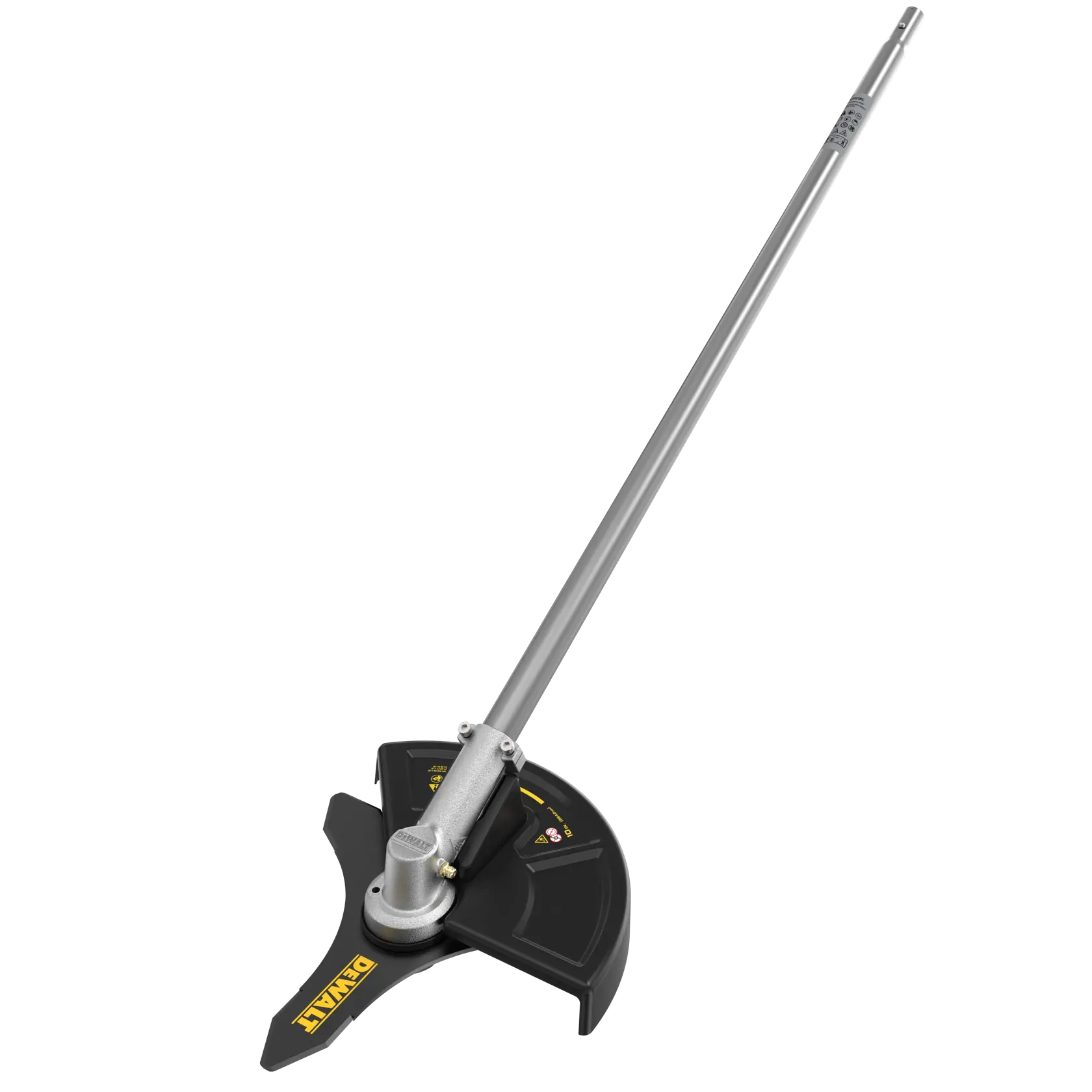DEWALT lawn edger attachment with metal shaft and black guard for trimming grass edges.