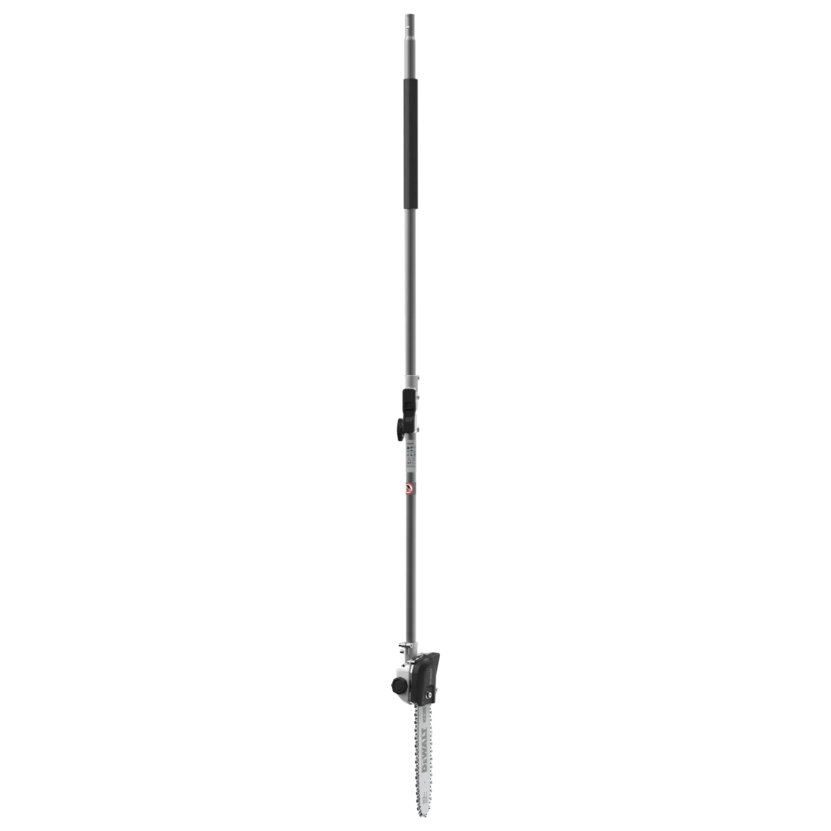 A DEWALT pole saw attachment with a long metal handle and a small chainsaw blade at the end.