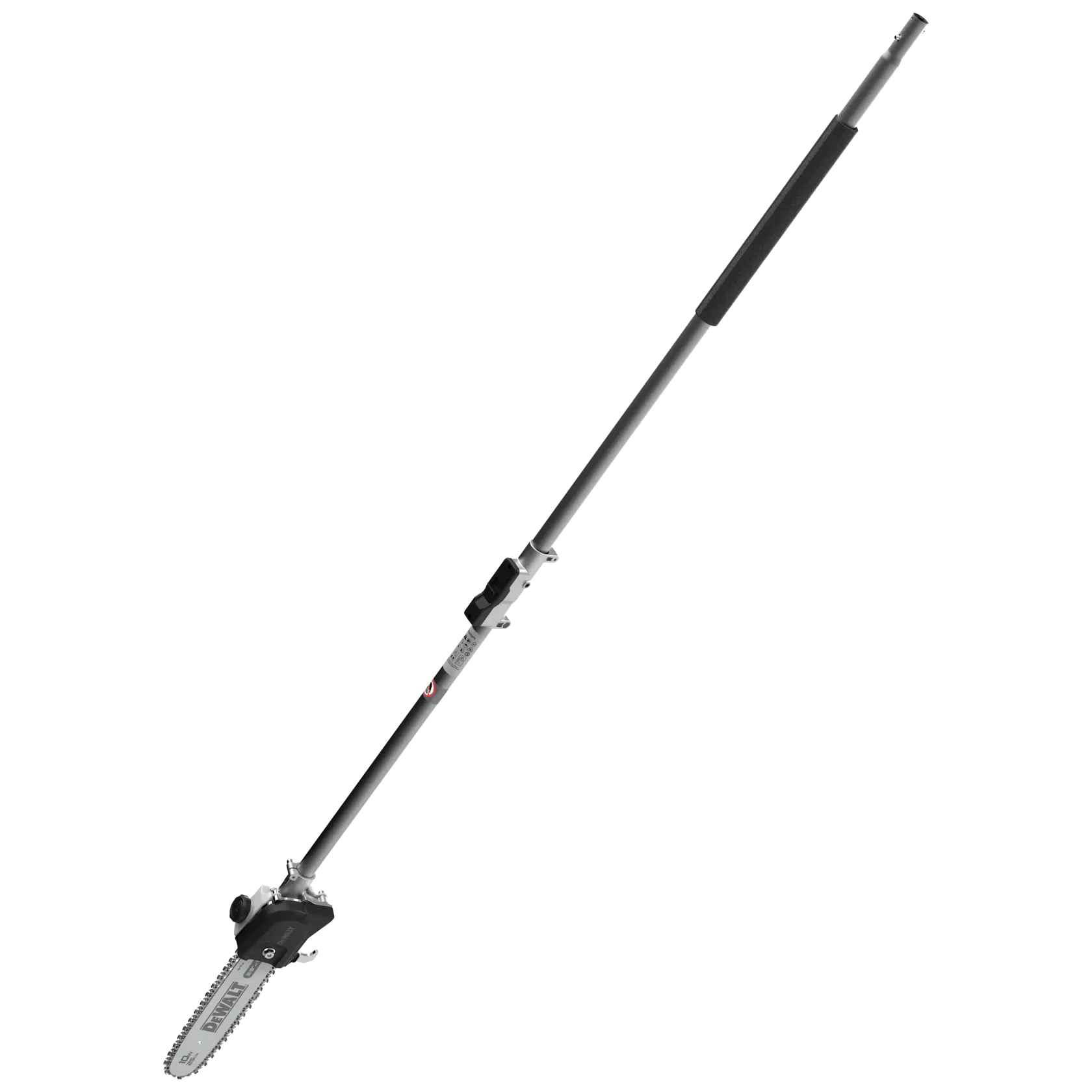 Long-handled pole saw attachment with a small chainsaw head, designed for trimming branches.