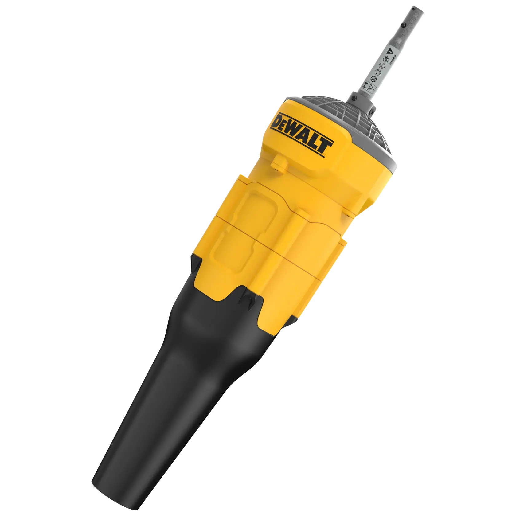 Yellow and black DEWALT photography accessory with a nozzle and control handle.