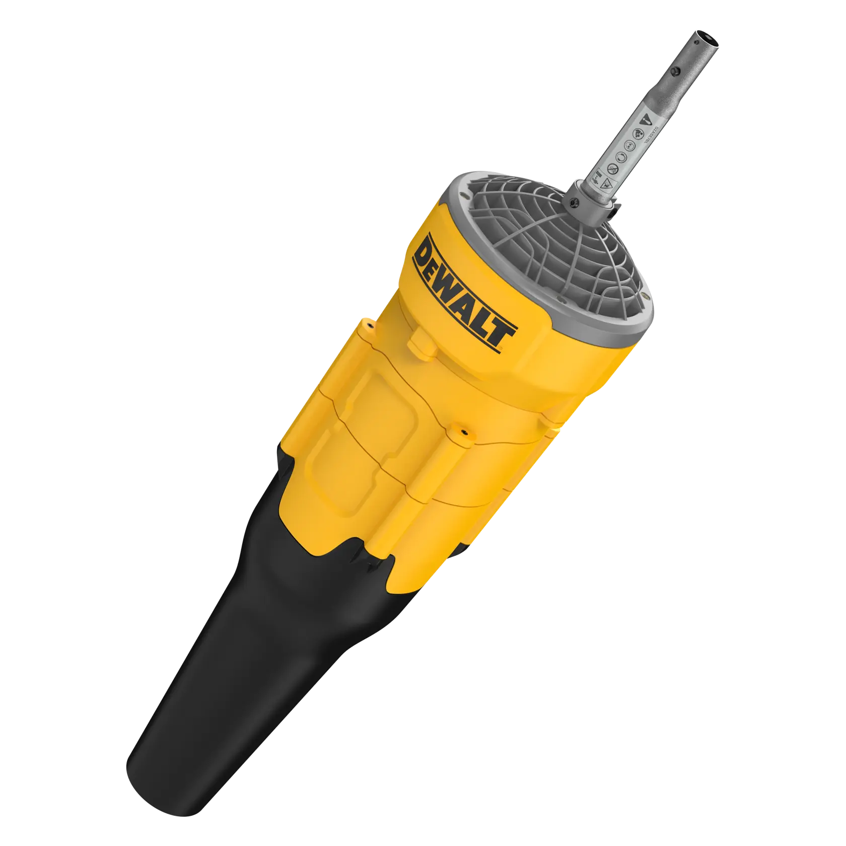 DEWALT yellow and black blower attachment tool with nozzle and visible branding, shown against a white background.