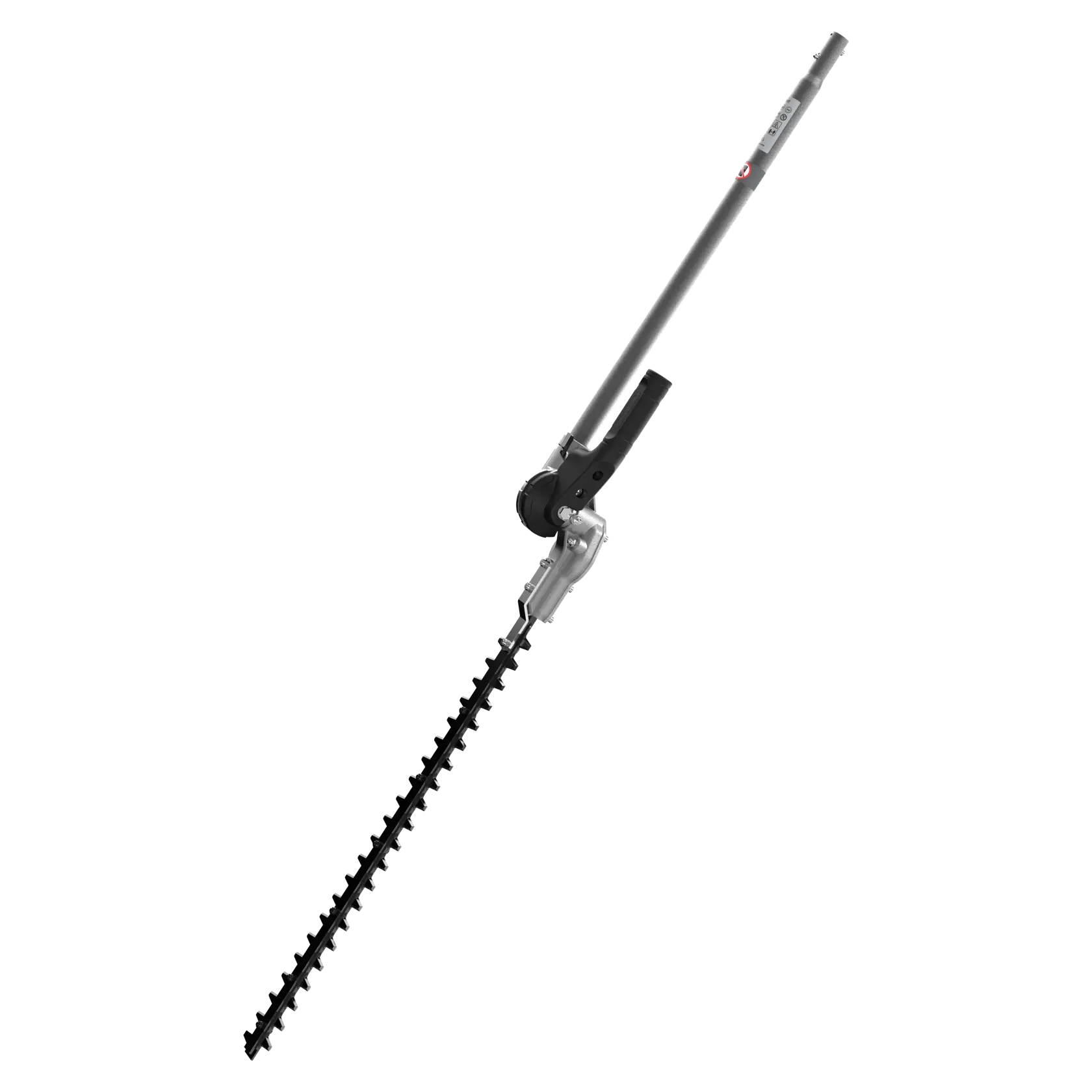 Hedge trimmer attachment with a long pole and angled cutting blade, designed for landscaping tasks.