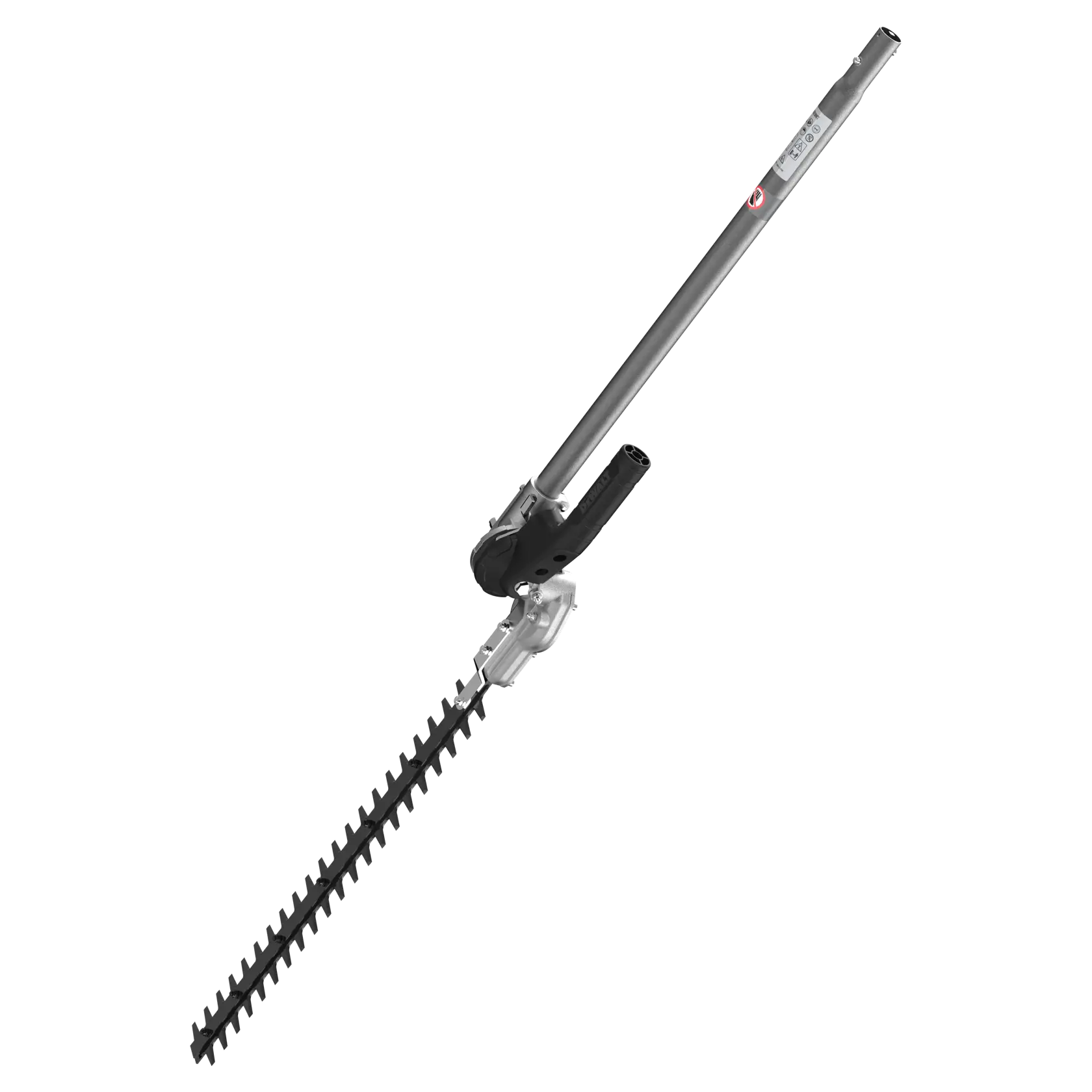 DEWALT pole hedge trimmer attachment with a long handle and black cutting blade, isolated on white.