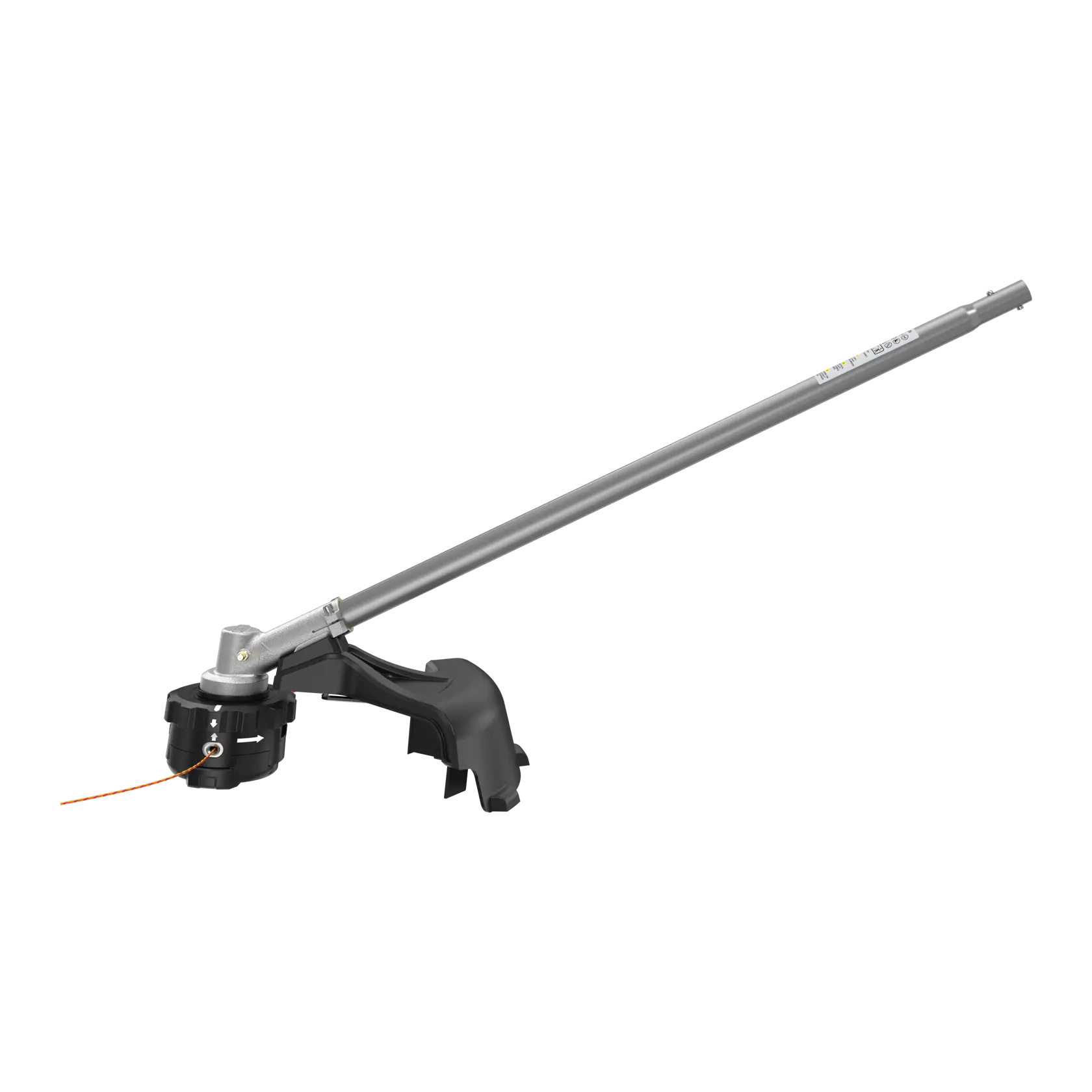 DEWALT string trimmer attachment with metal shaft and black guard for grass cutting.