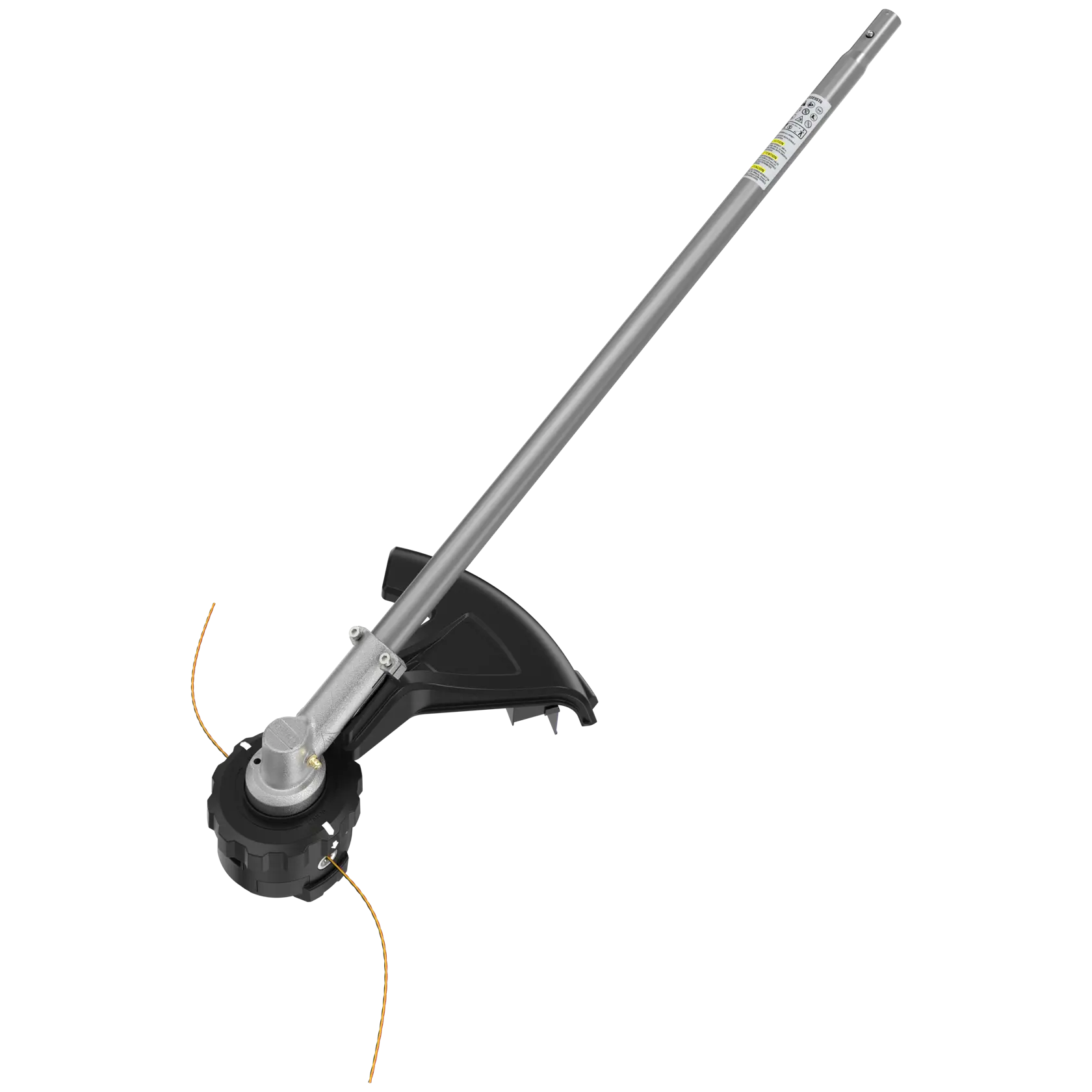 DeWalt trimmer attachment with metal shaft, black guard, and orange line for grass cutting.