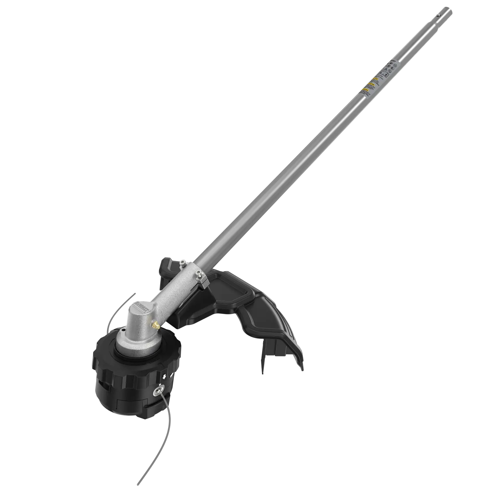 DEWALT string trimmer attachment with metal shaft and black guard, designed for landscaping and lawn care.