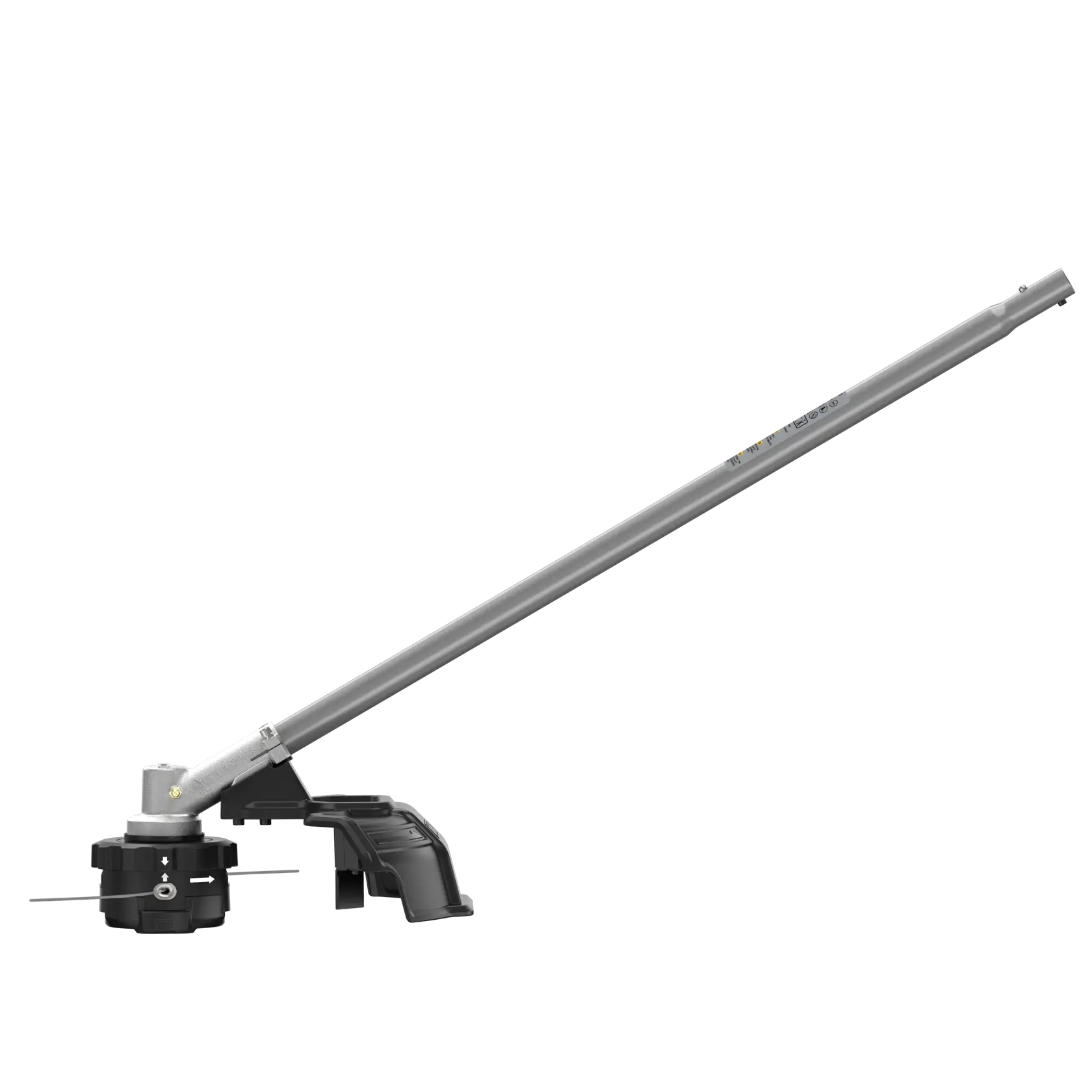 DEWALT trimmer attachment with long metal shaft and black cutting head for landscaping.
