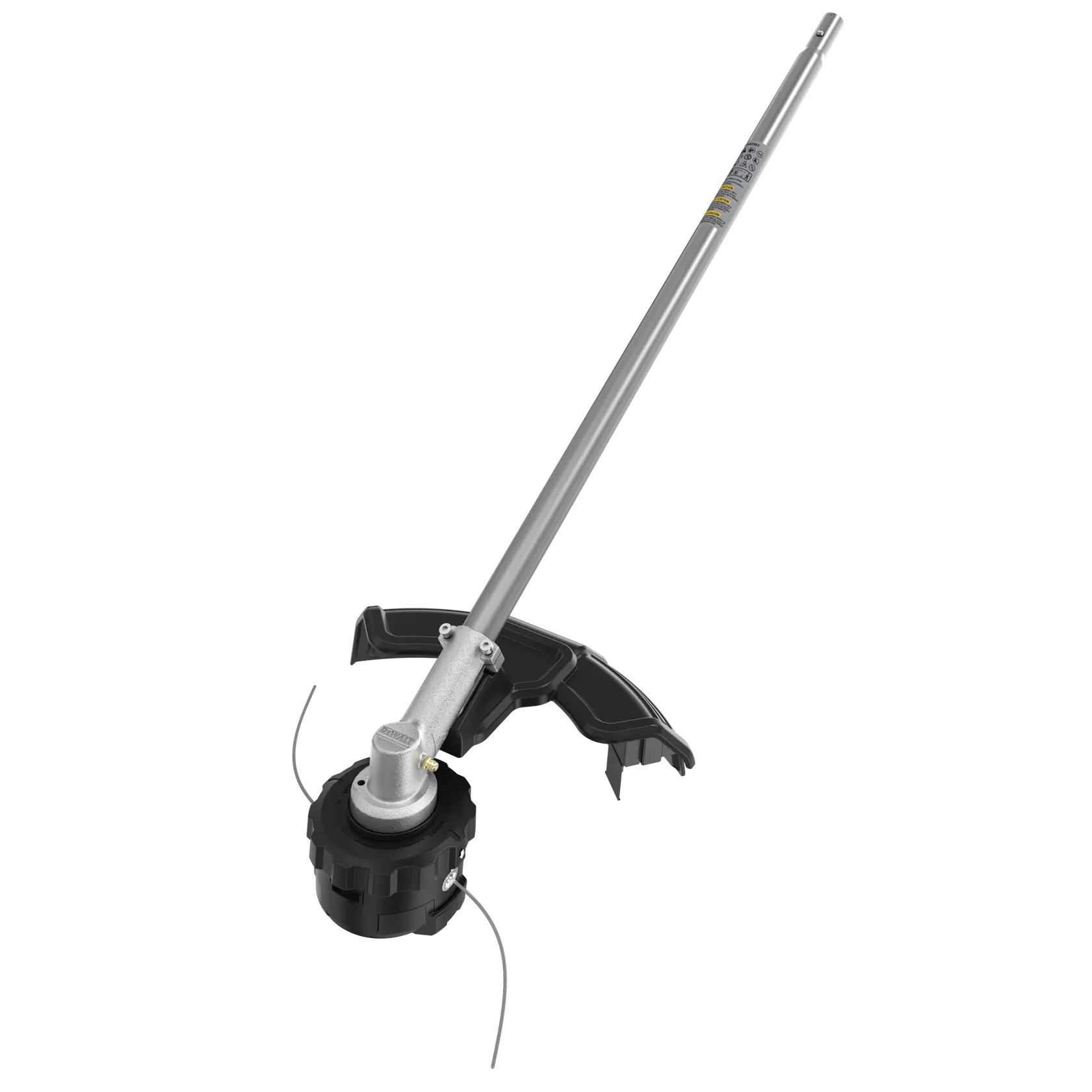 DEWALT string trimmer attachment with metal shaft and black guard for cutting grass.