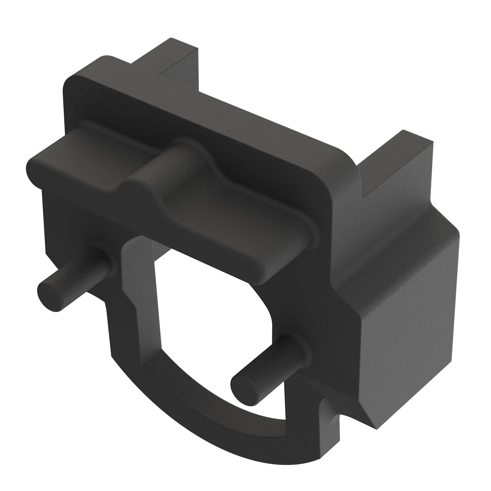 A black, textured plastic or metal mounting bracket with an angular design and two cylindrical protrusions. The bracket appears to be used for securing or attaching components, possibly for photography equipment or tools.