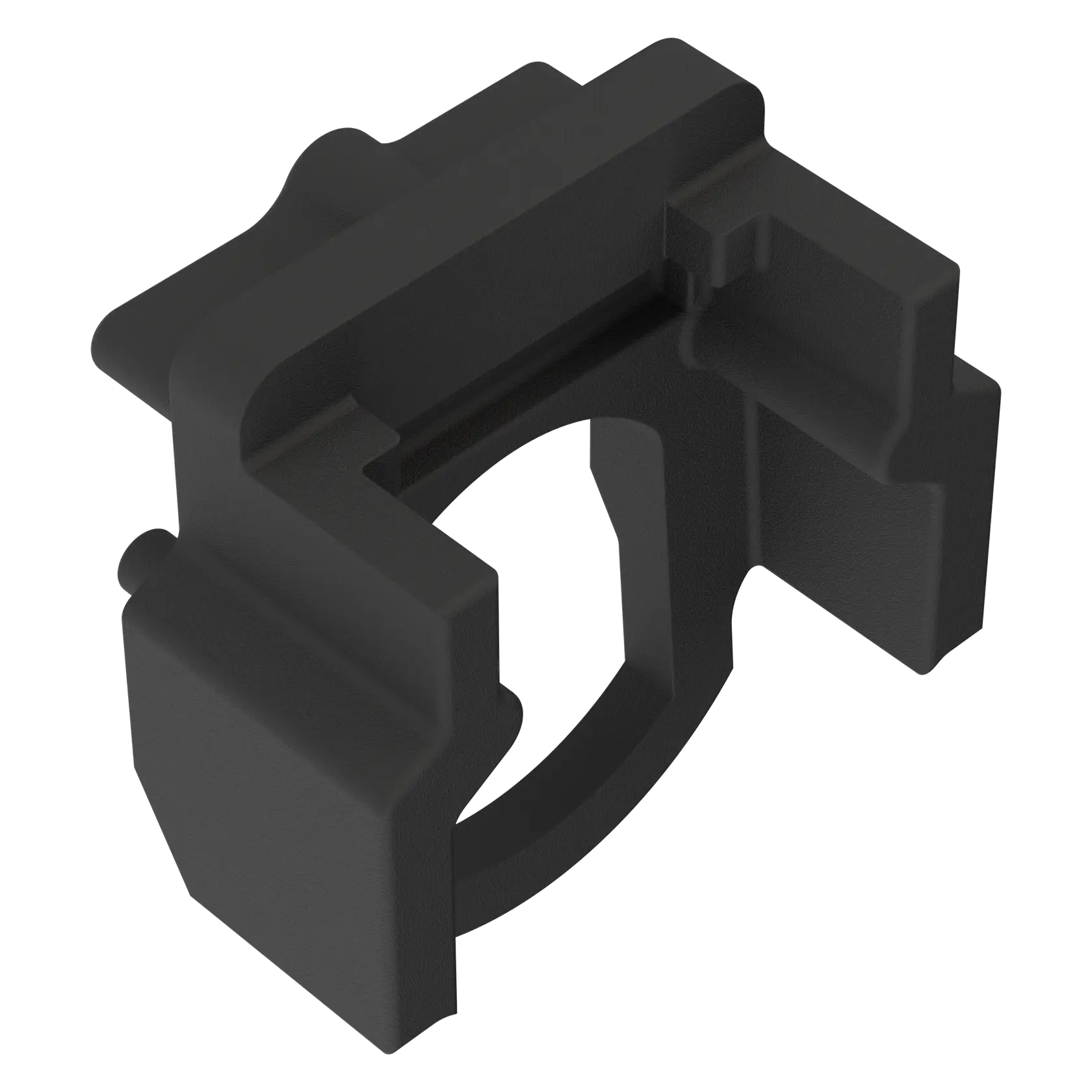 A close-up image of a black, angular plastic part with a central circular opening and multiple geometric extensions, likely used as a mounting or connector component.