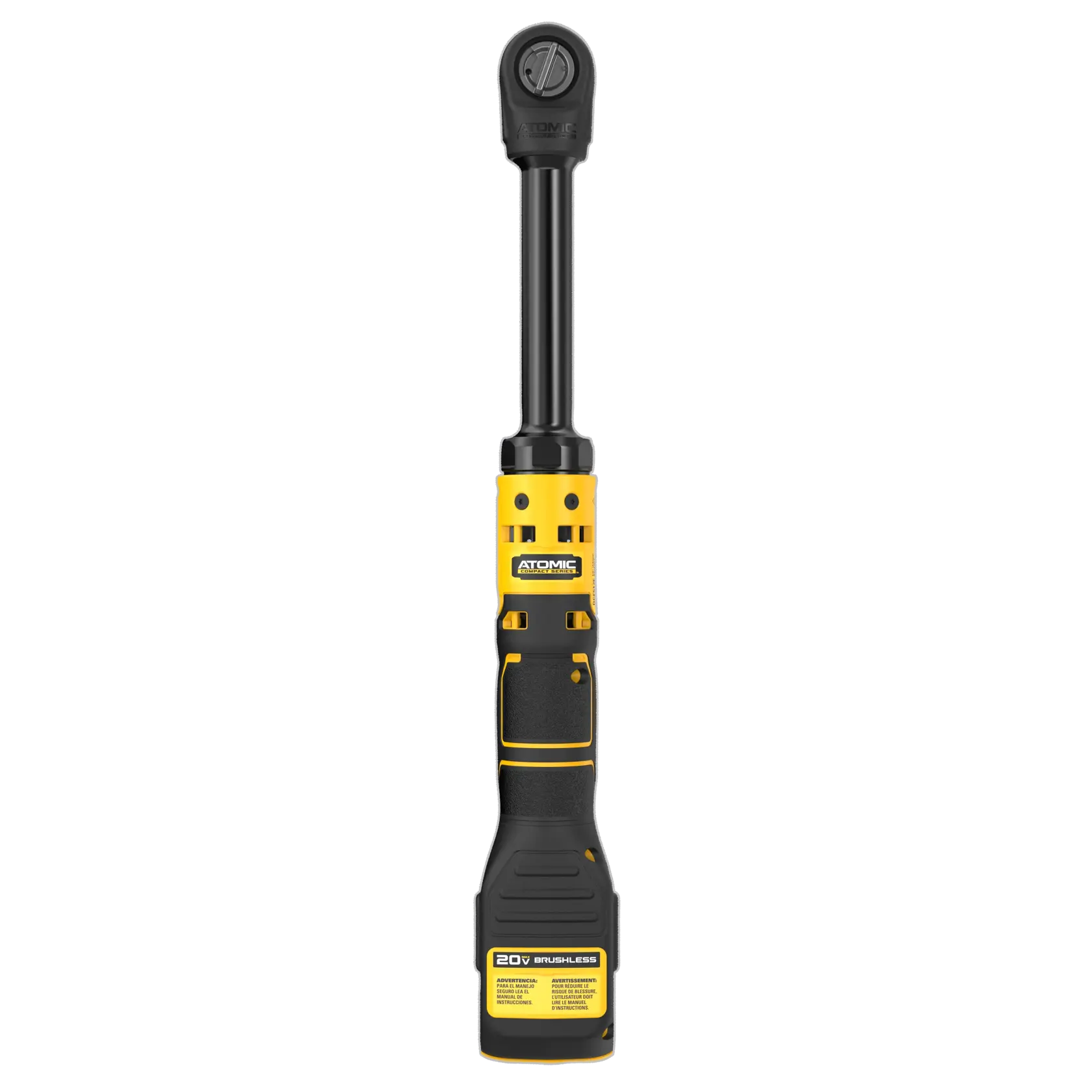 A DEWALT 20V Atomic brushless cordless ratchet tool with a yellow and black design is shown standing upright against a white background.