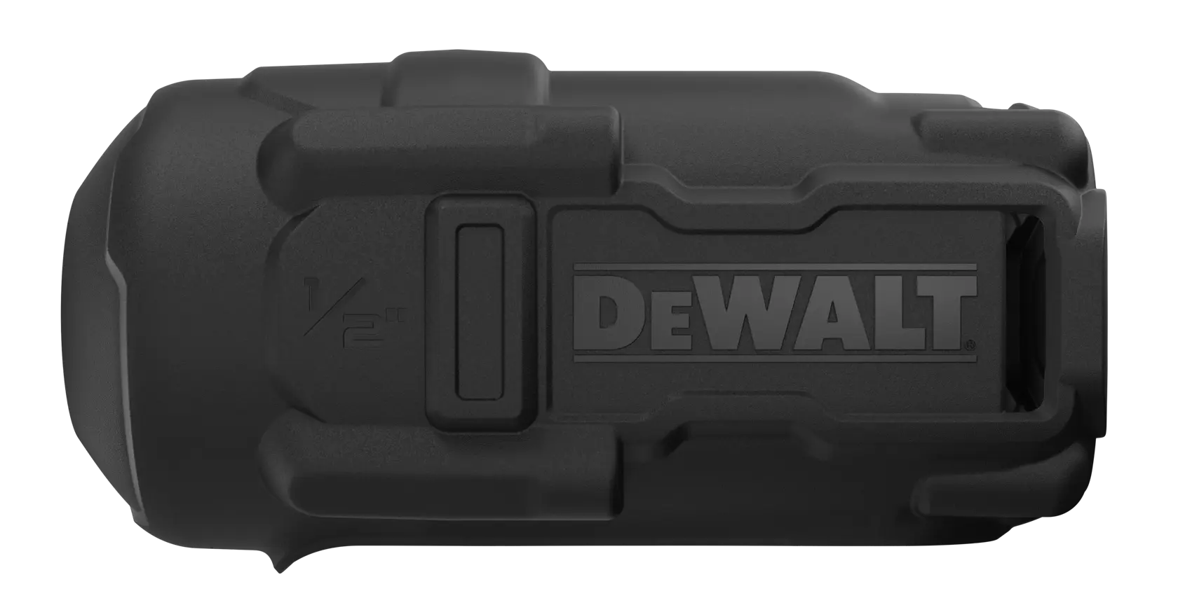 A black DEWALT protective cover for a tool, showing rugged exterior design and the DEWALT logo embossed on the side.
